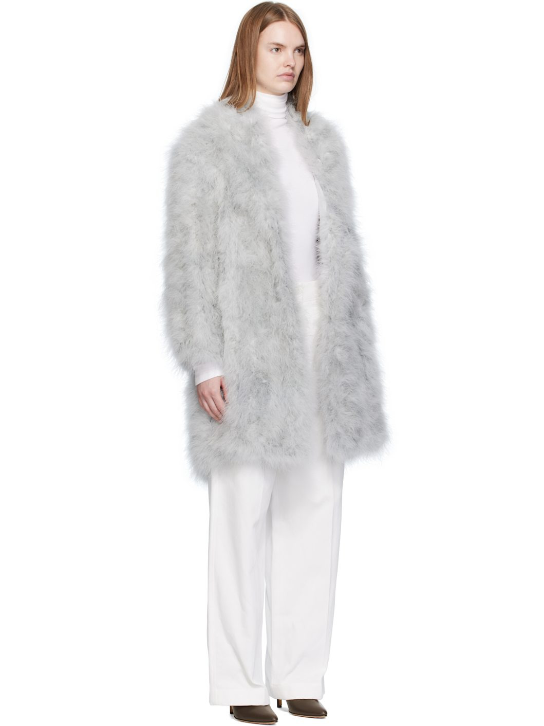 Gray Feather Shawl Collar Coat - 2