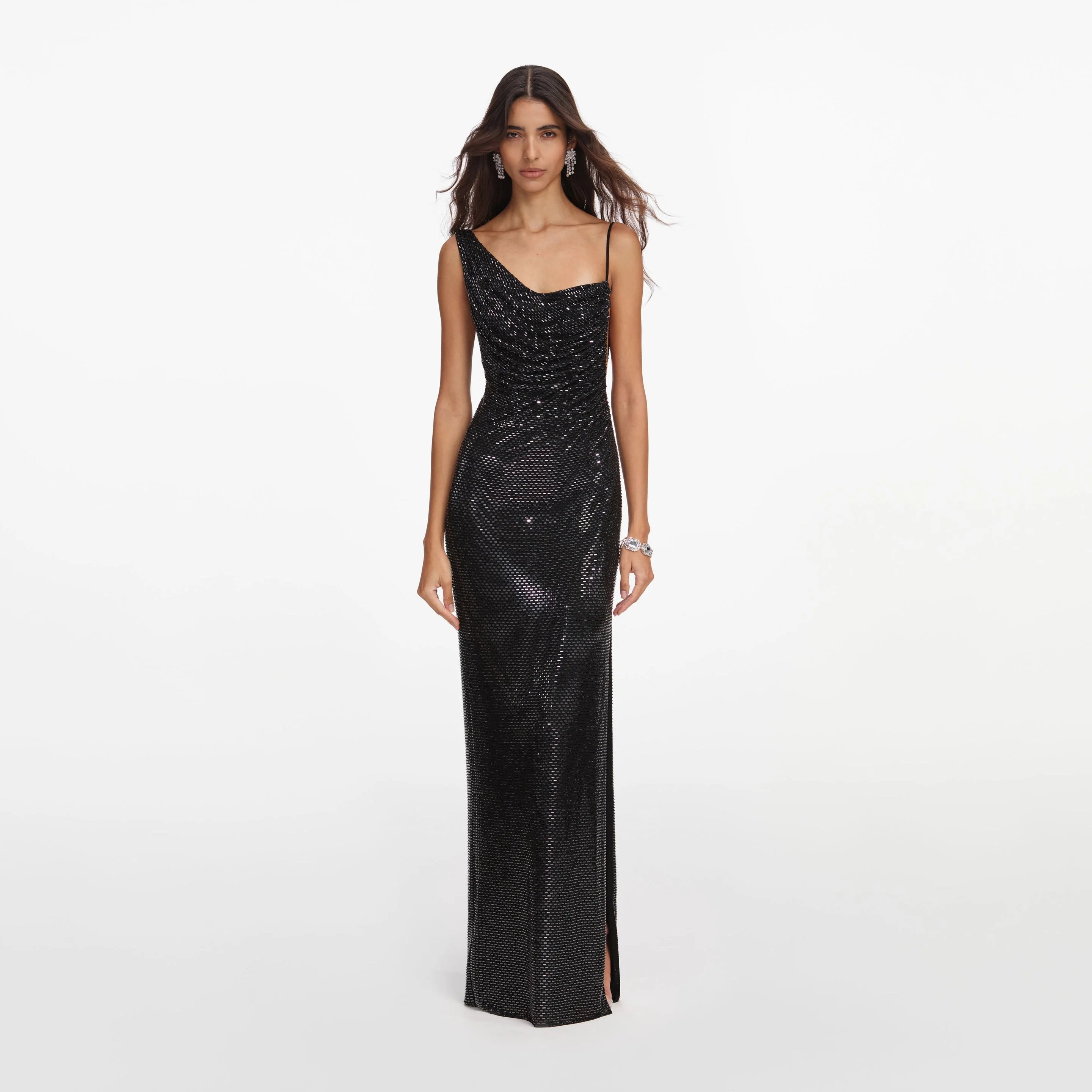 Black Rhinestone Draped Maxi Dress - 1