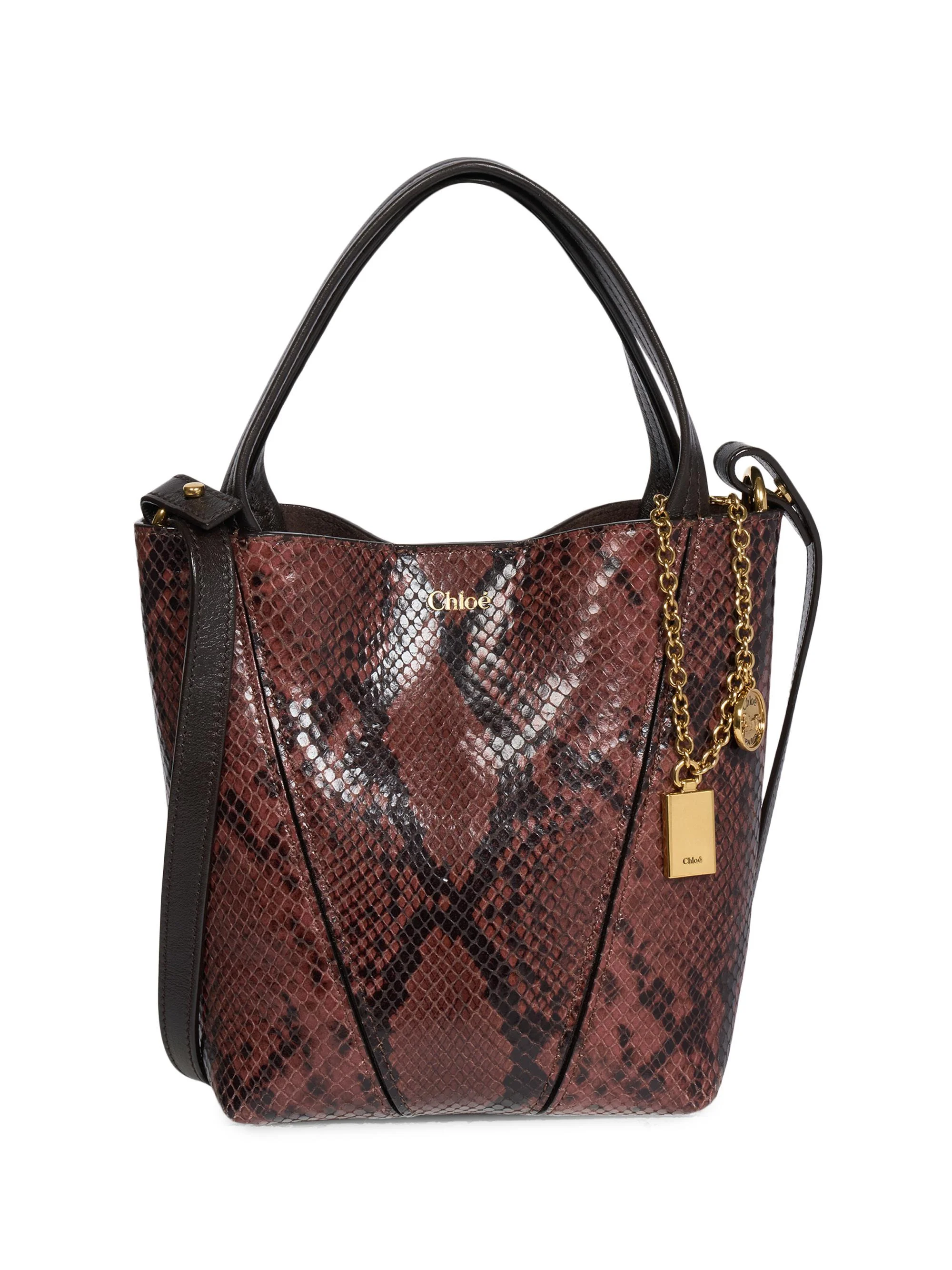 Women's Spin Small Snake-Embossed Leather Tote Bag - Rosewood - 1