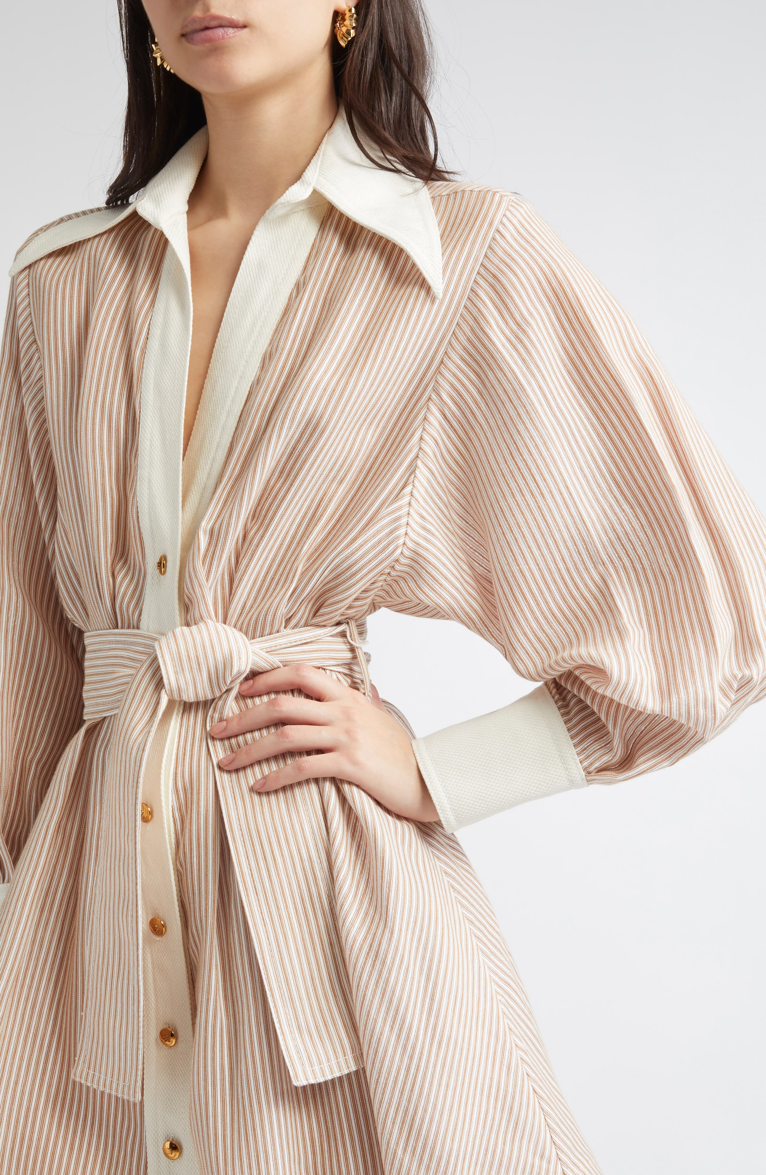 Zimmermann Hypnotic Stripe Long Sleeve Belted Cotton & Silk Minidress in Tan Stripe at Nordstrom - 4