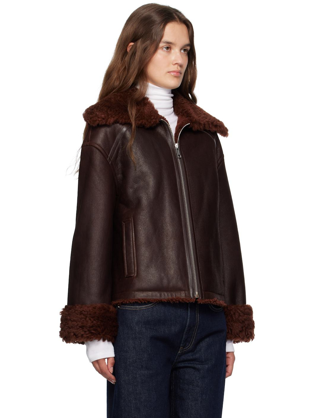 Burgundy Zip Shearling Jacket - 2