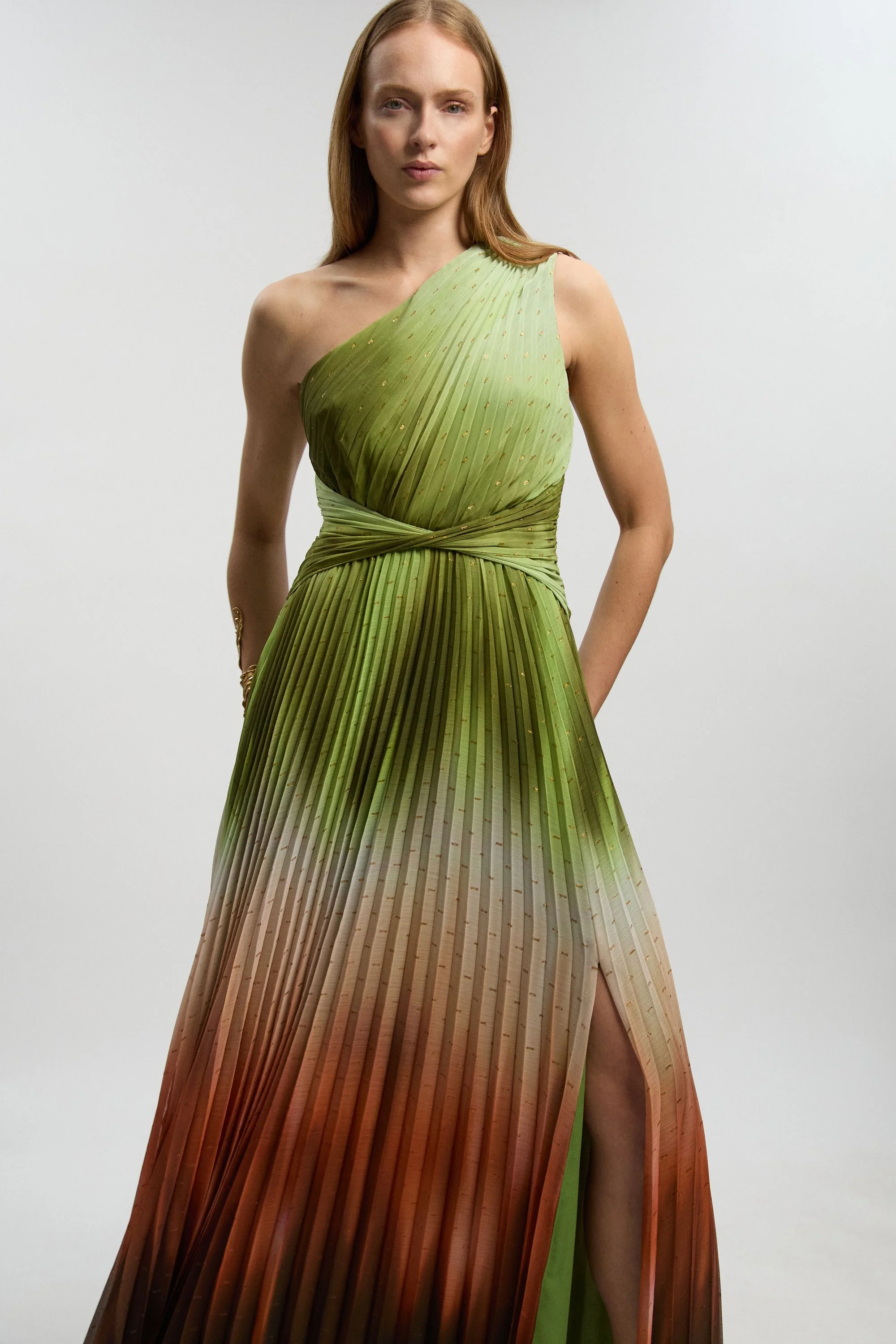 Metallic Thread Ombre Print One Shoulder Woven Maxi Dress - 1