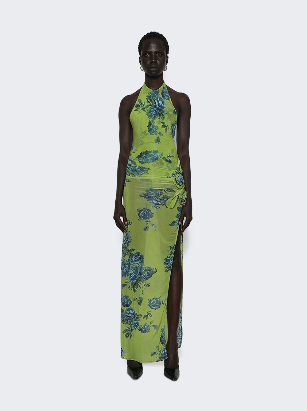 High Neck Floral Applique Midi Dress Green - 2