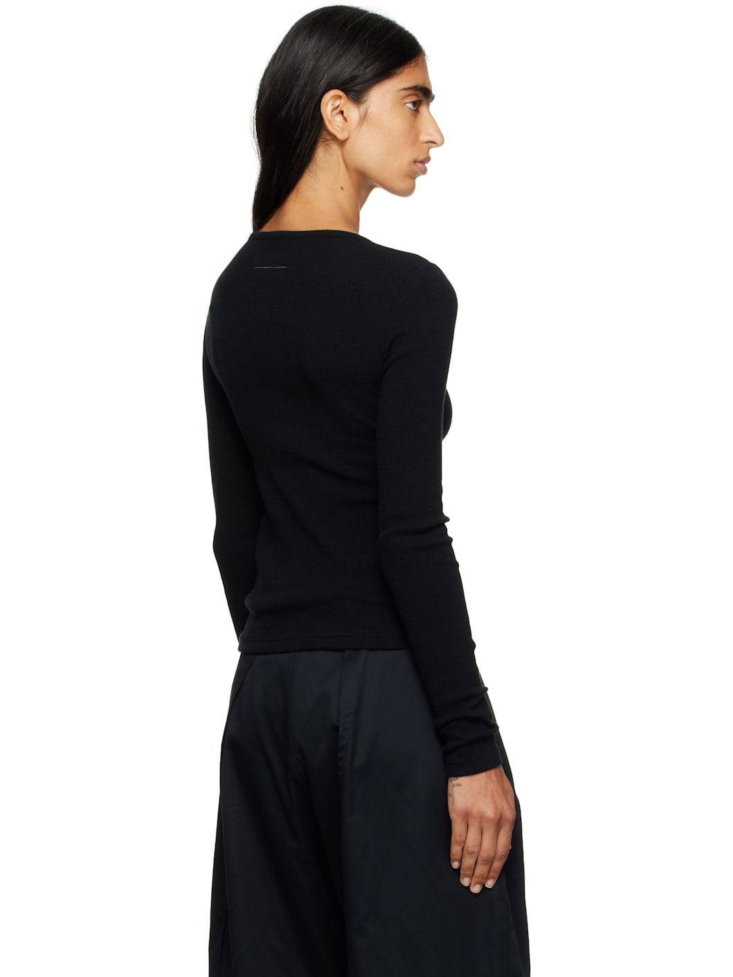 Black Wool Blend Rib Jersey Long-Sleeved T-shirt - 3