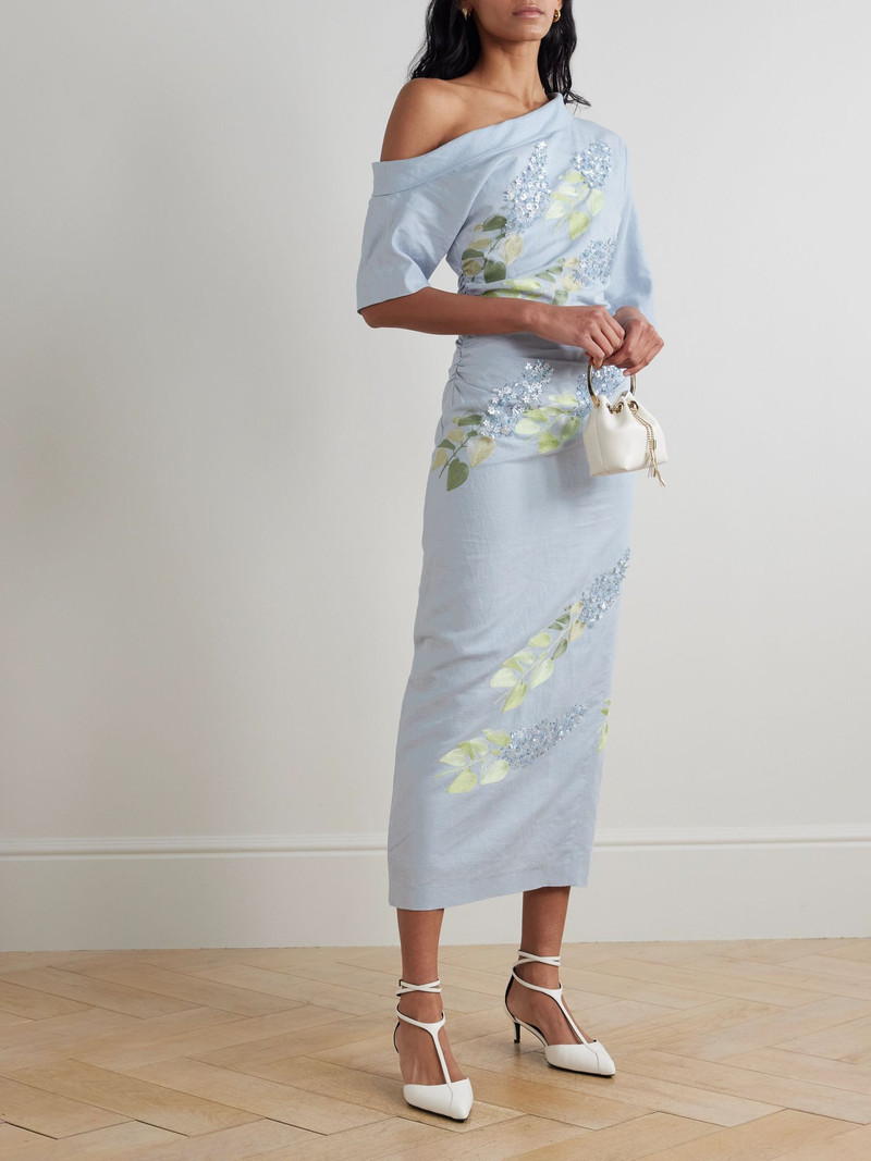 BERNADETTE Bowery asymmetric embellished cotton and linen-blend midi dress Blue outlook