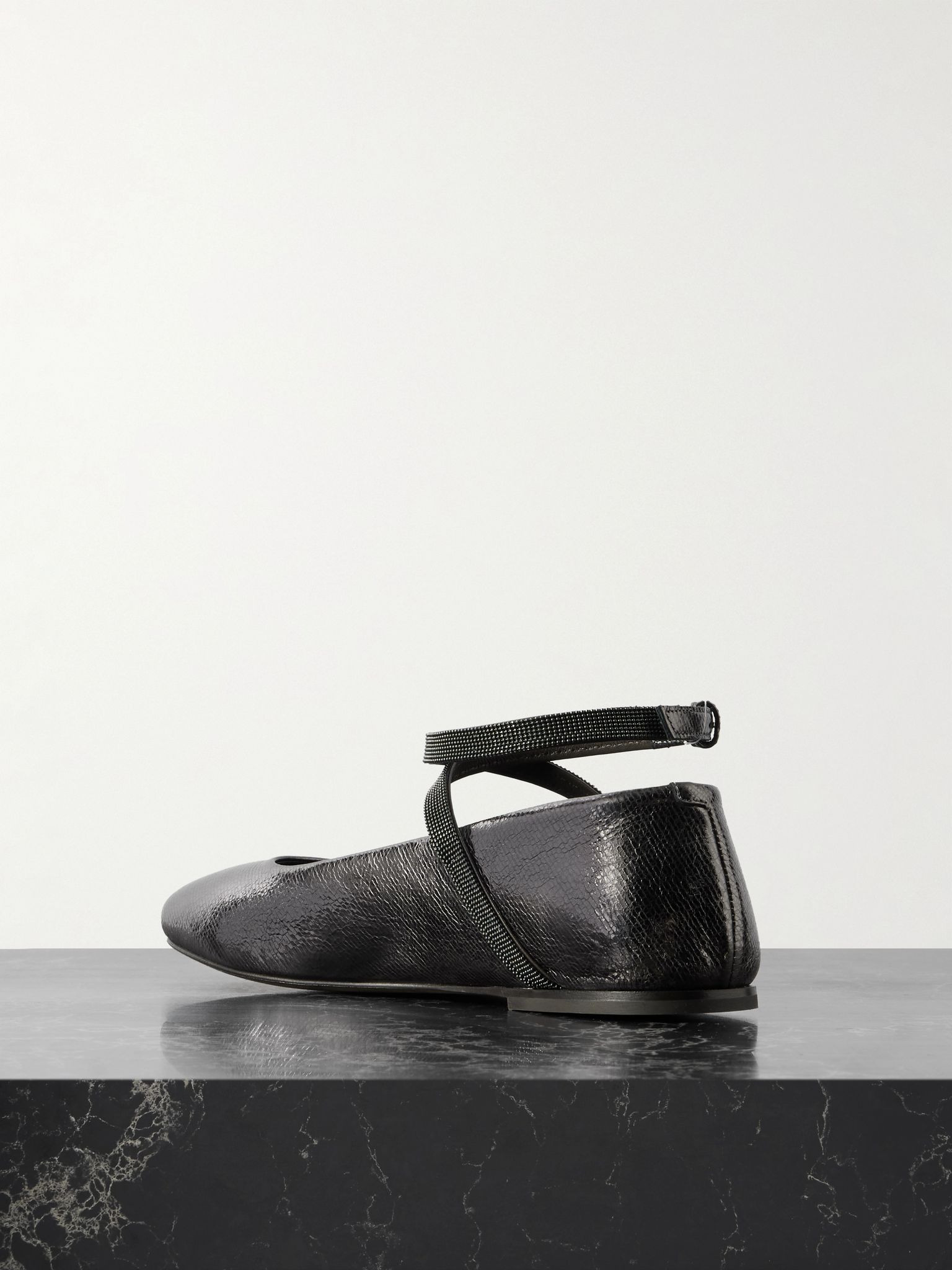 Bead-embellished metallic textured-leather ballet flats Bronze - 3