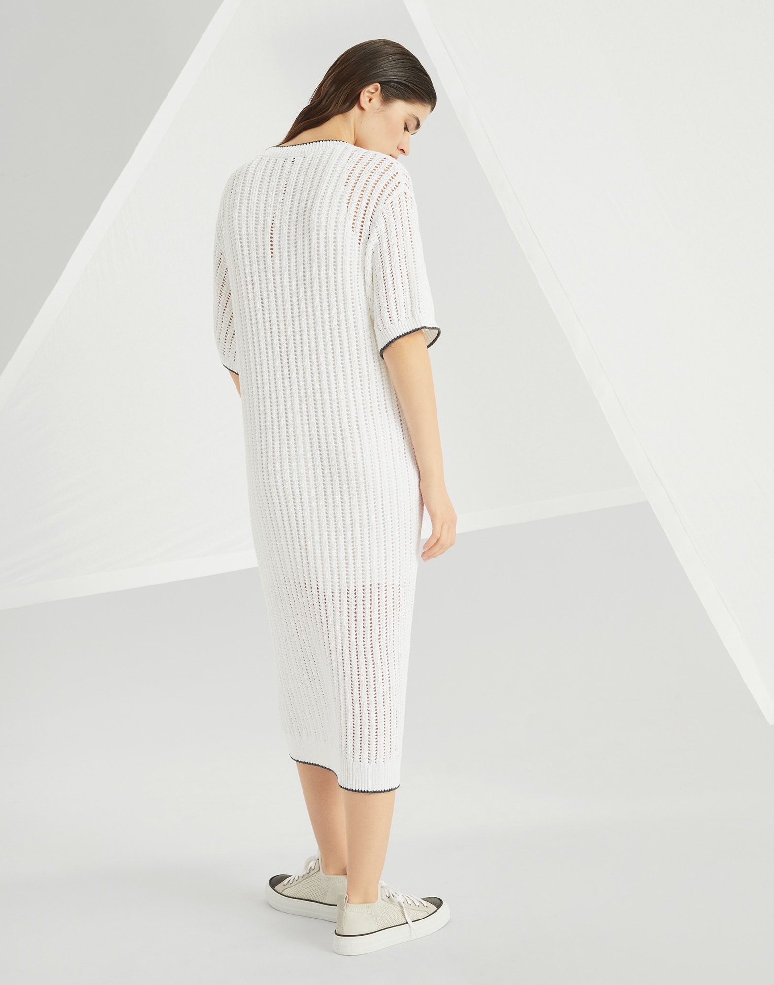 Cotton openwork rib knit dress with monili - 2