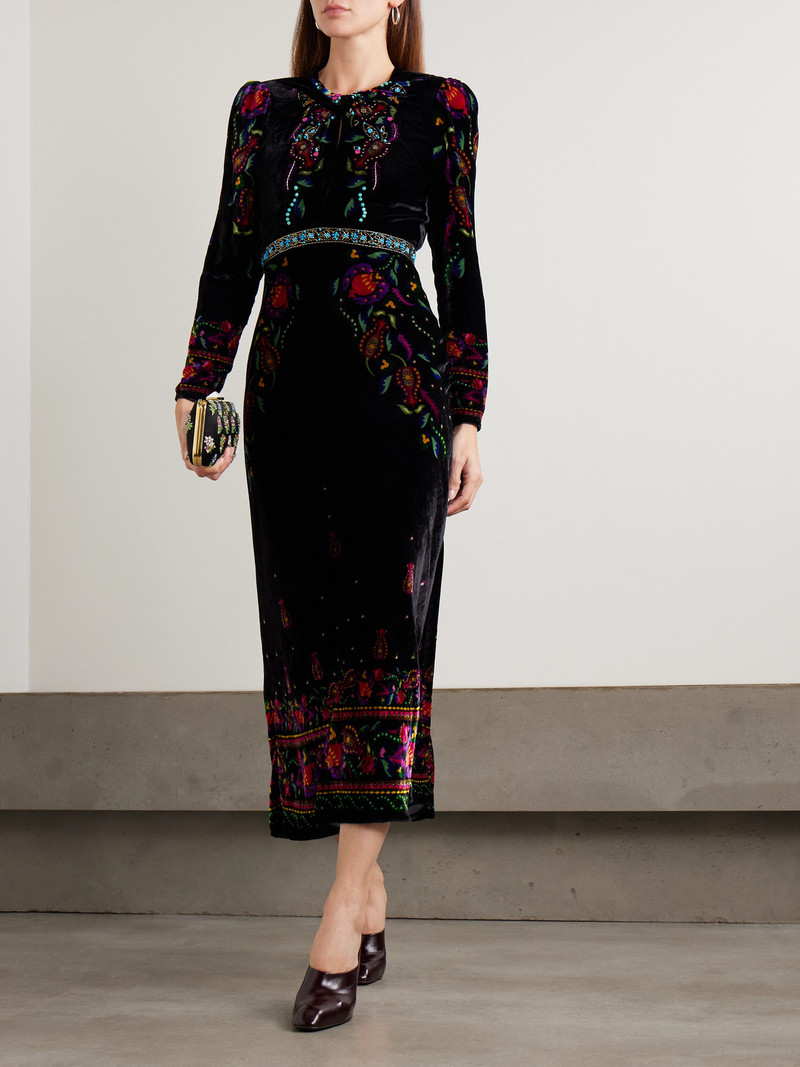 SALONI Claudia Twisted Embellished Printed Velvet Midi Dress outlook