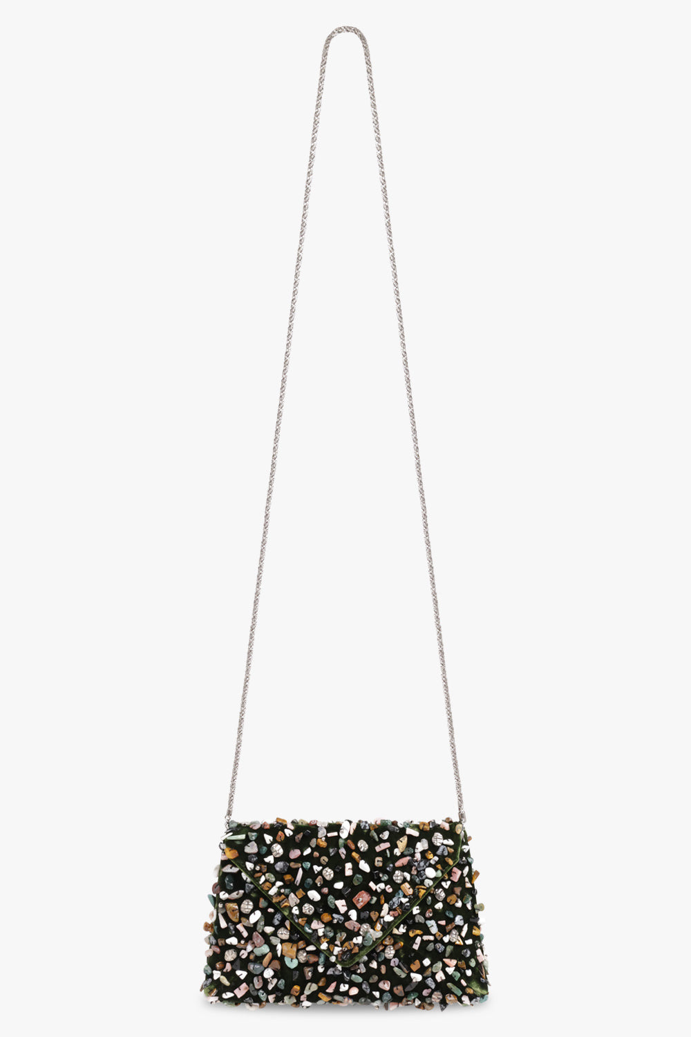 STONE EMBELLISHED SMALL ENVELOPE CLUTCH WITH DETACHABLE CHAIN | OLIVE/MULTI - 1