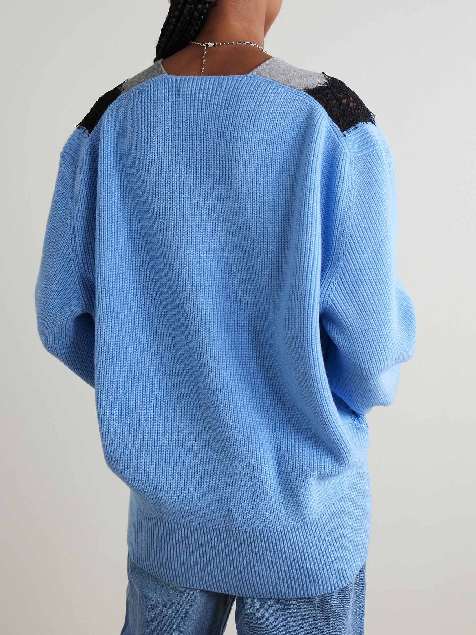 Oversized lace-trimmed ribbed wool sweater Sky blue - 4