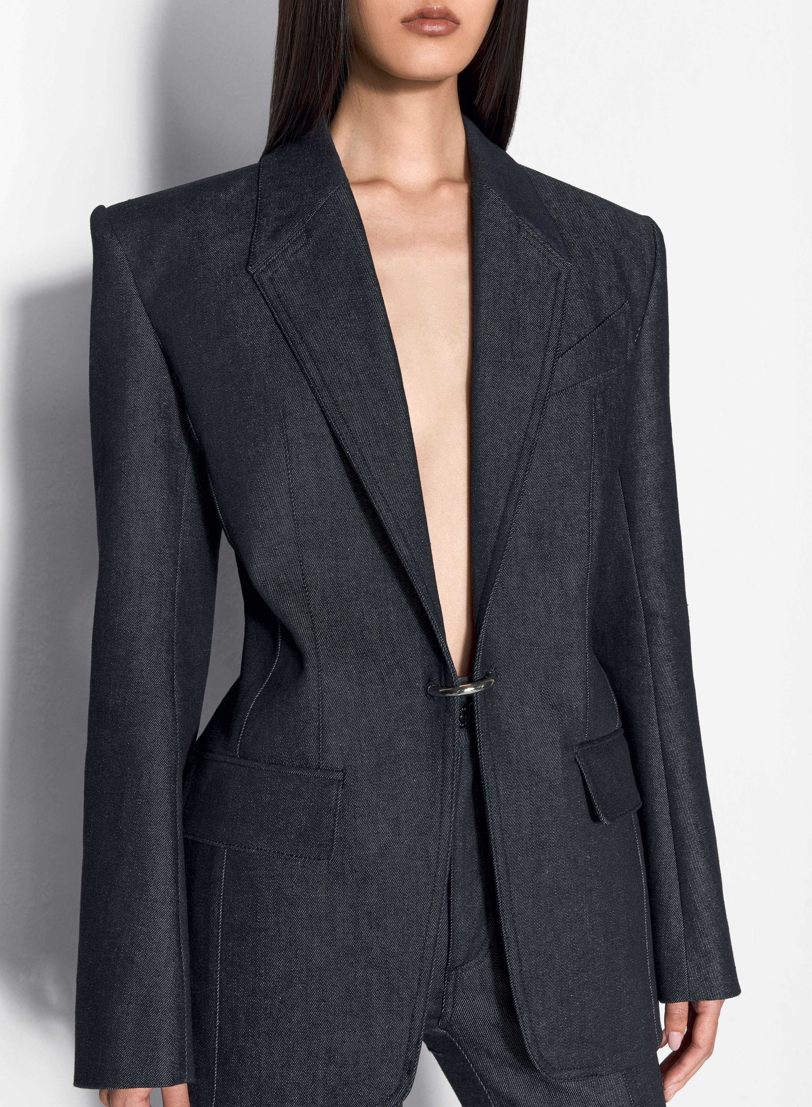 pierced tailored raw denim jacket - 3