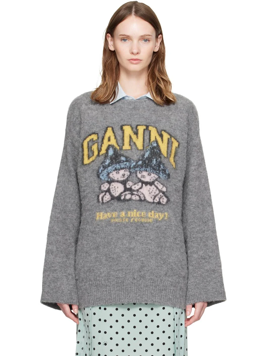 Gray Brushed Alpaca Mushroom Teddy Oversized Sweater - 1