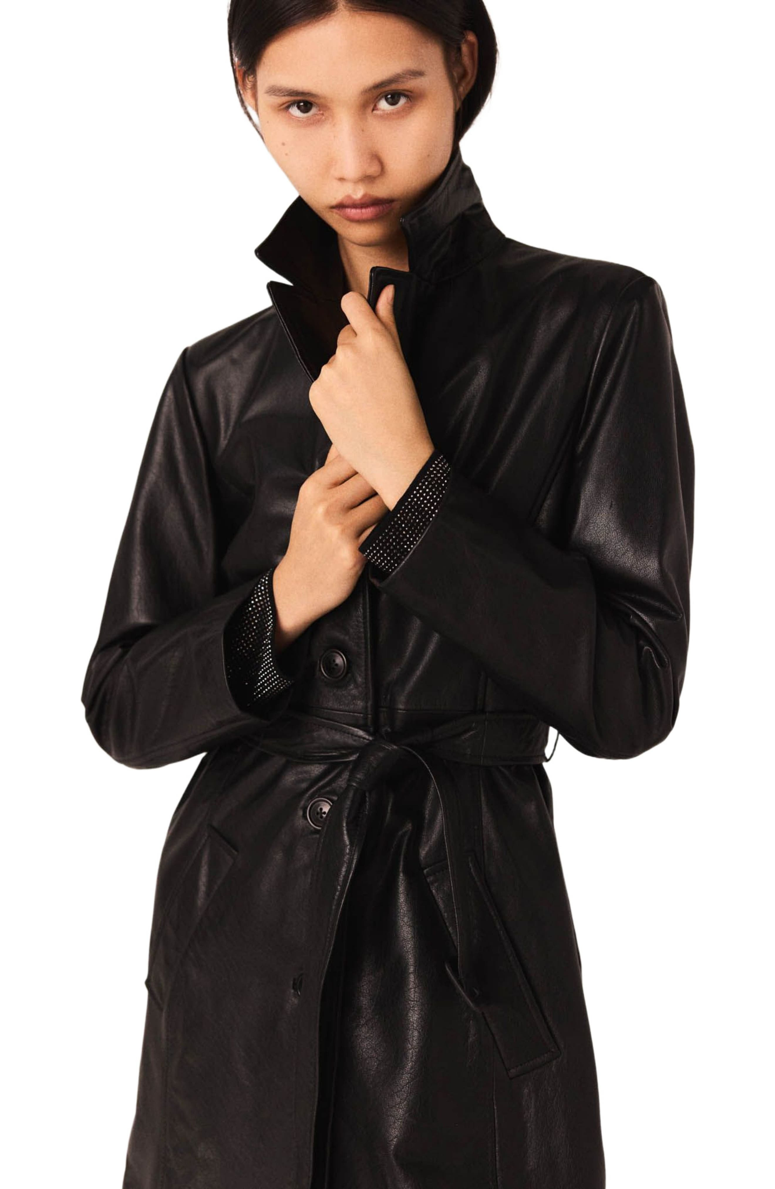 maje Long leather trench coat in Black at Nordstrom - 5