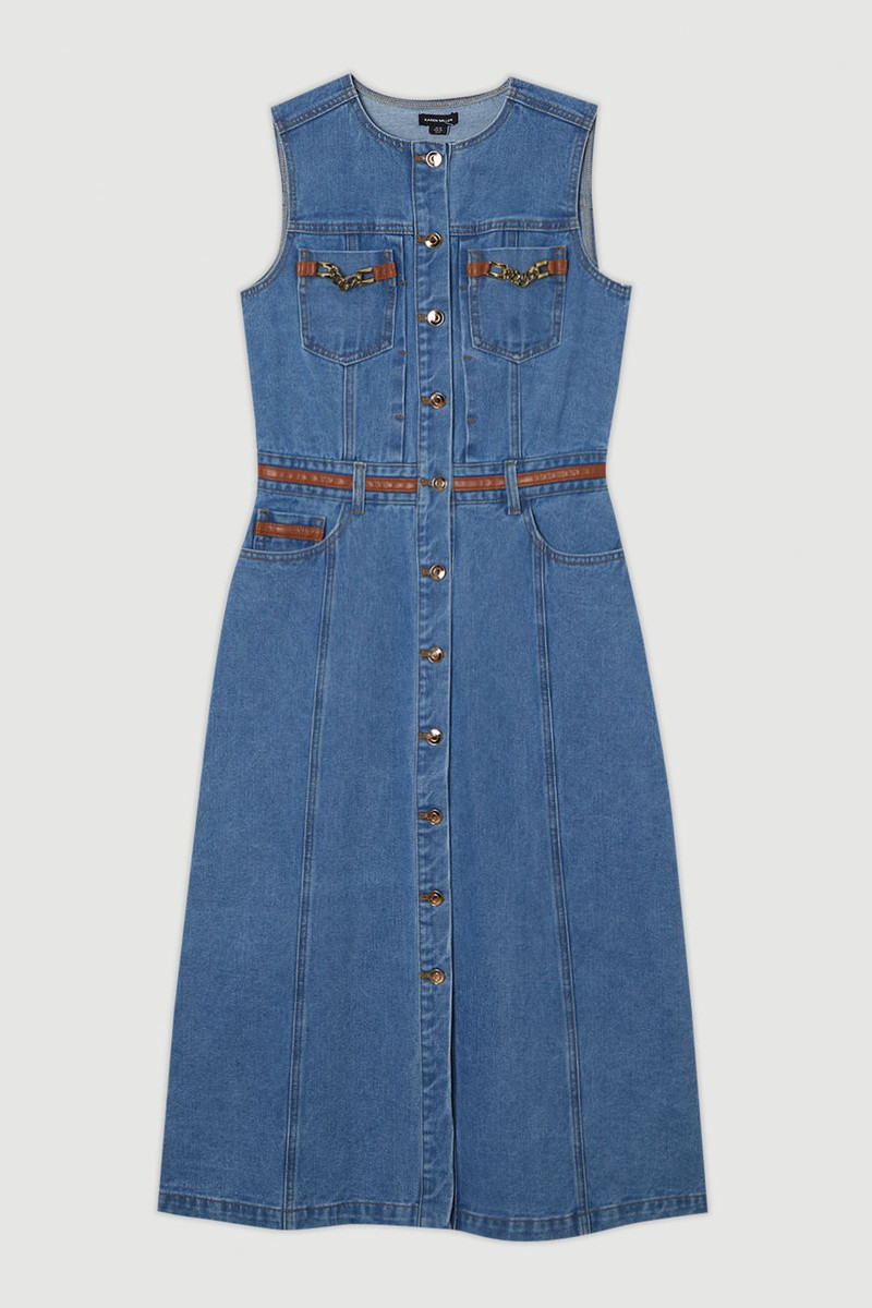 Denim & Faux Leather Tipping Sleeveless Midi Dress 4