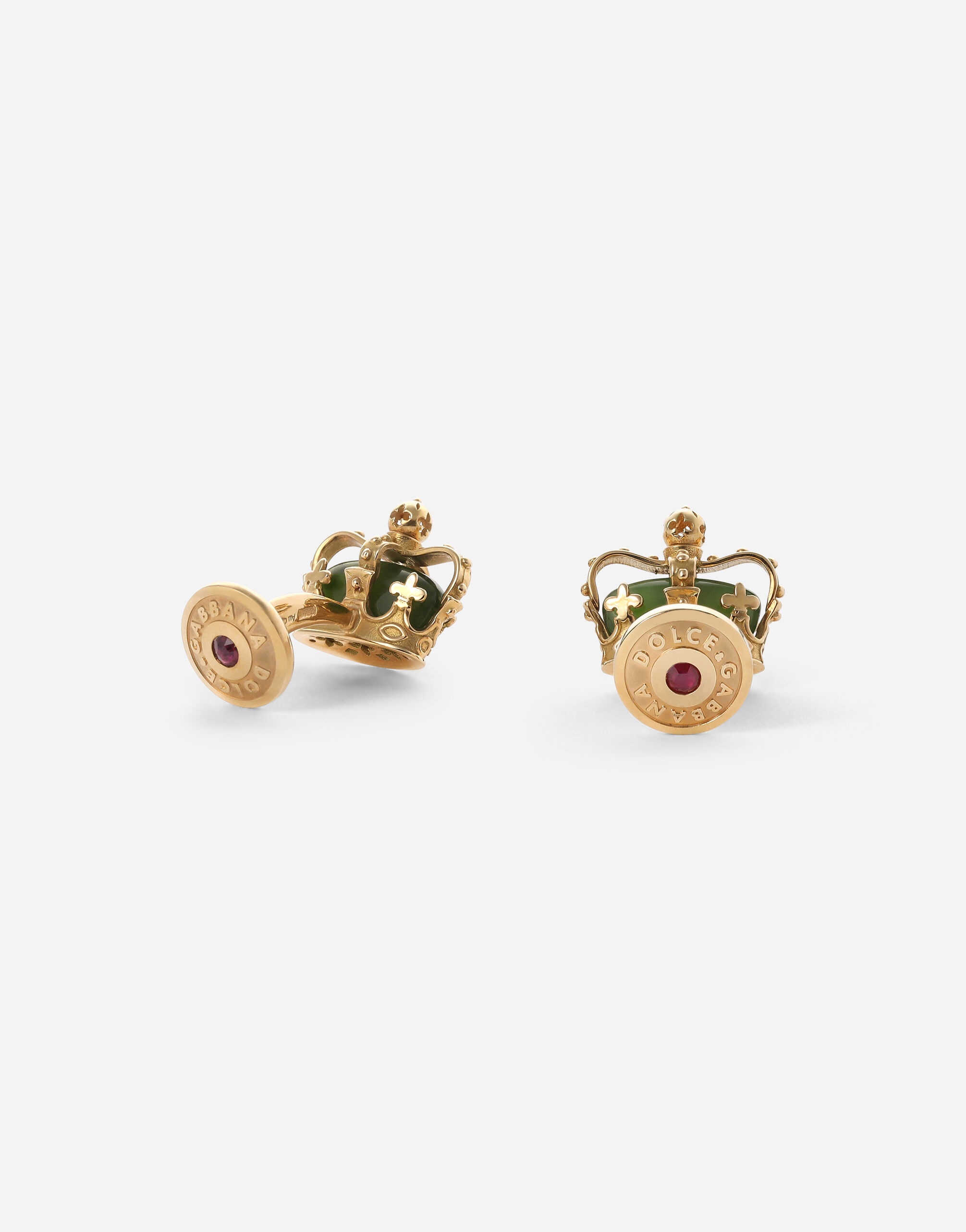 Crown yellow gold cufflinks with green jades - 2