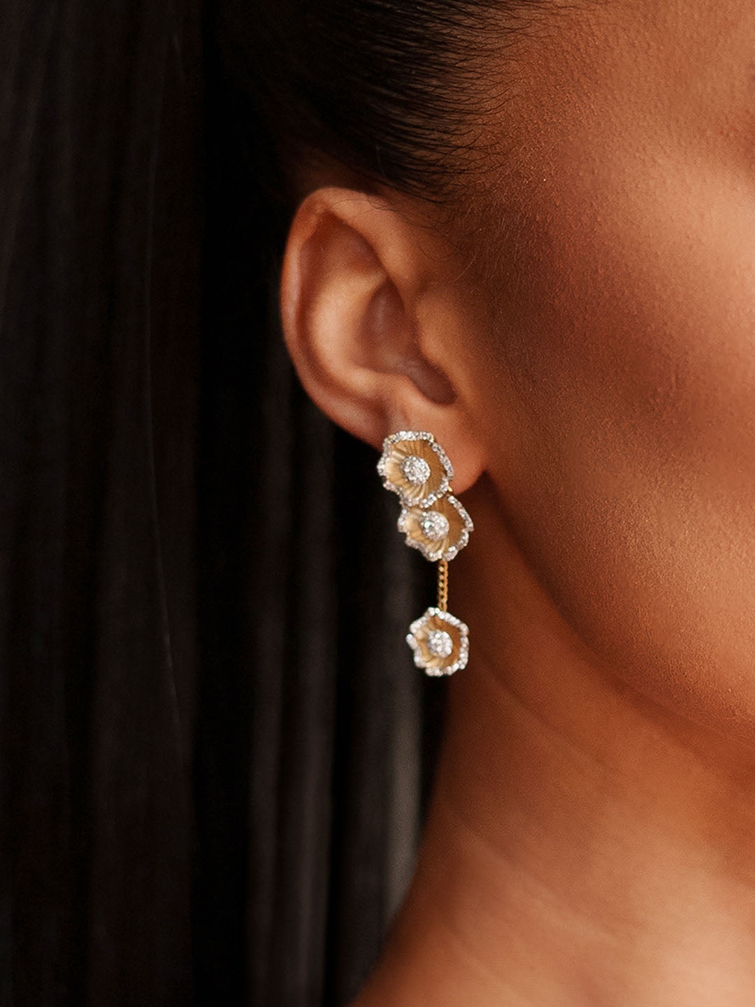 HALO FLOWER YELLOW GOLD DROP EARRINGS - 3