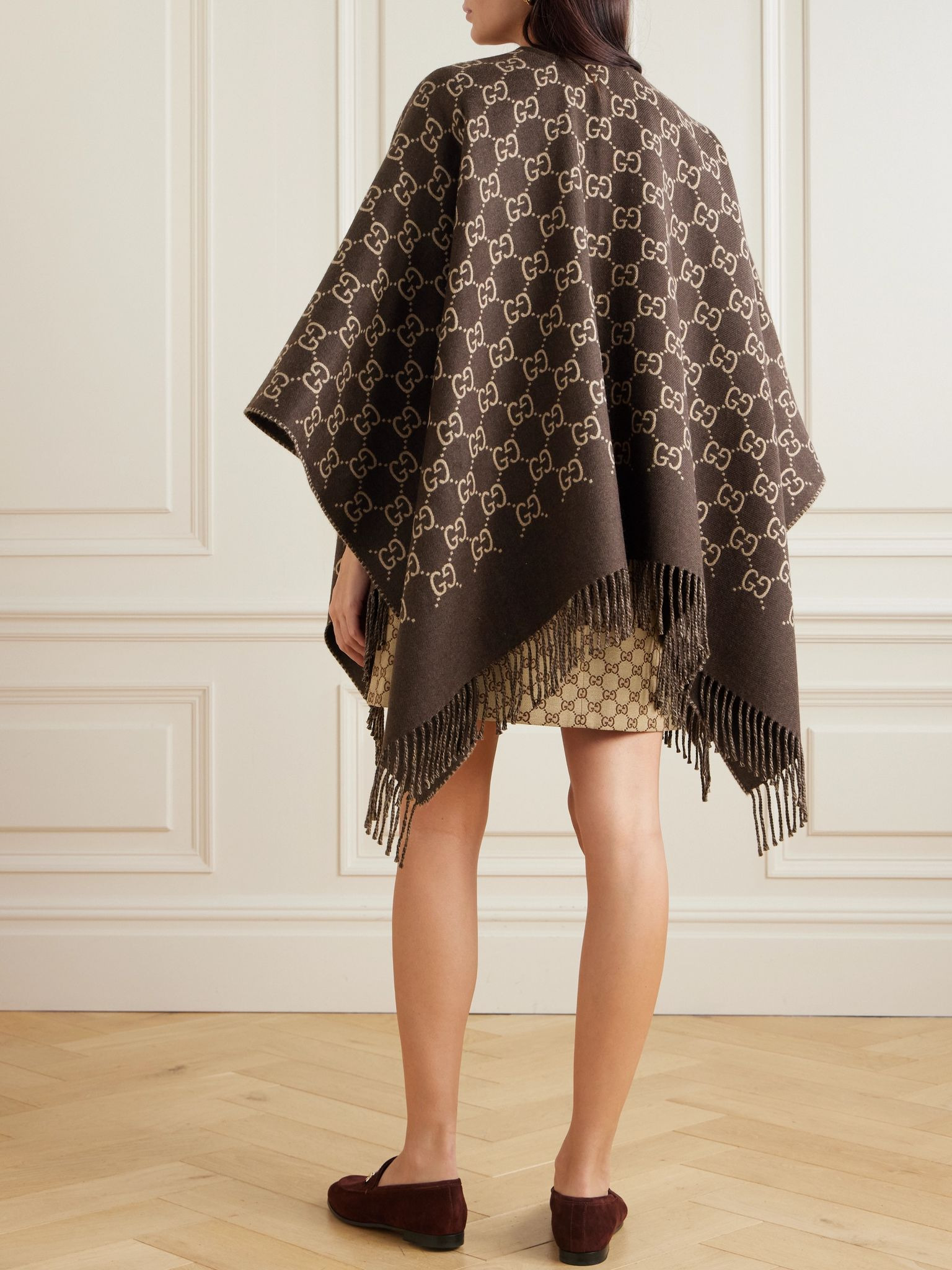 Fringed wool-jacquard wrap Brown - 3