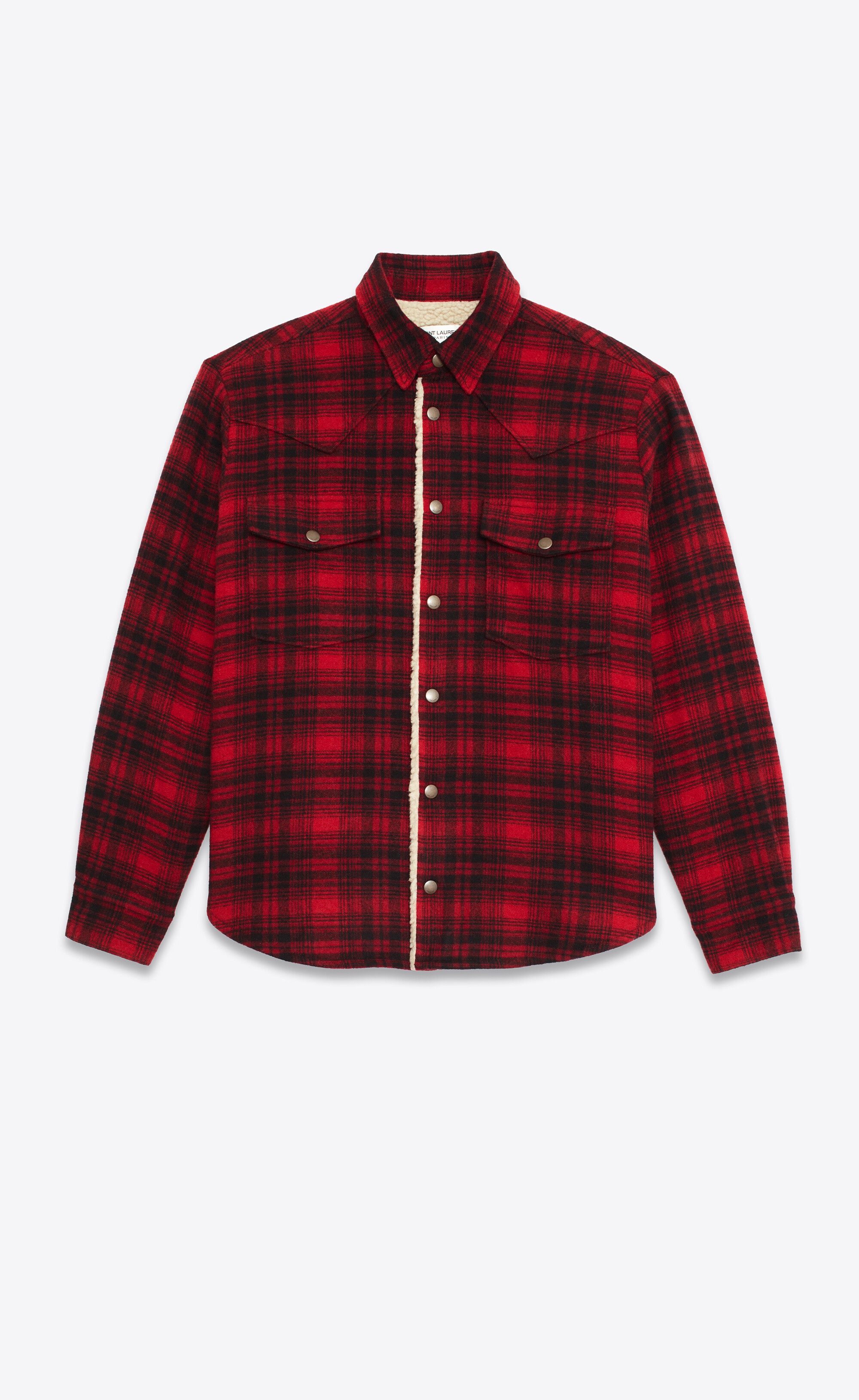 oversized western overshirt in wool check and shearling - 1