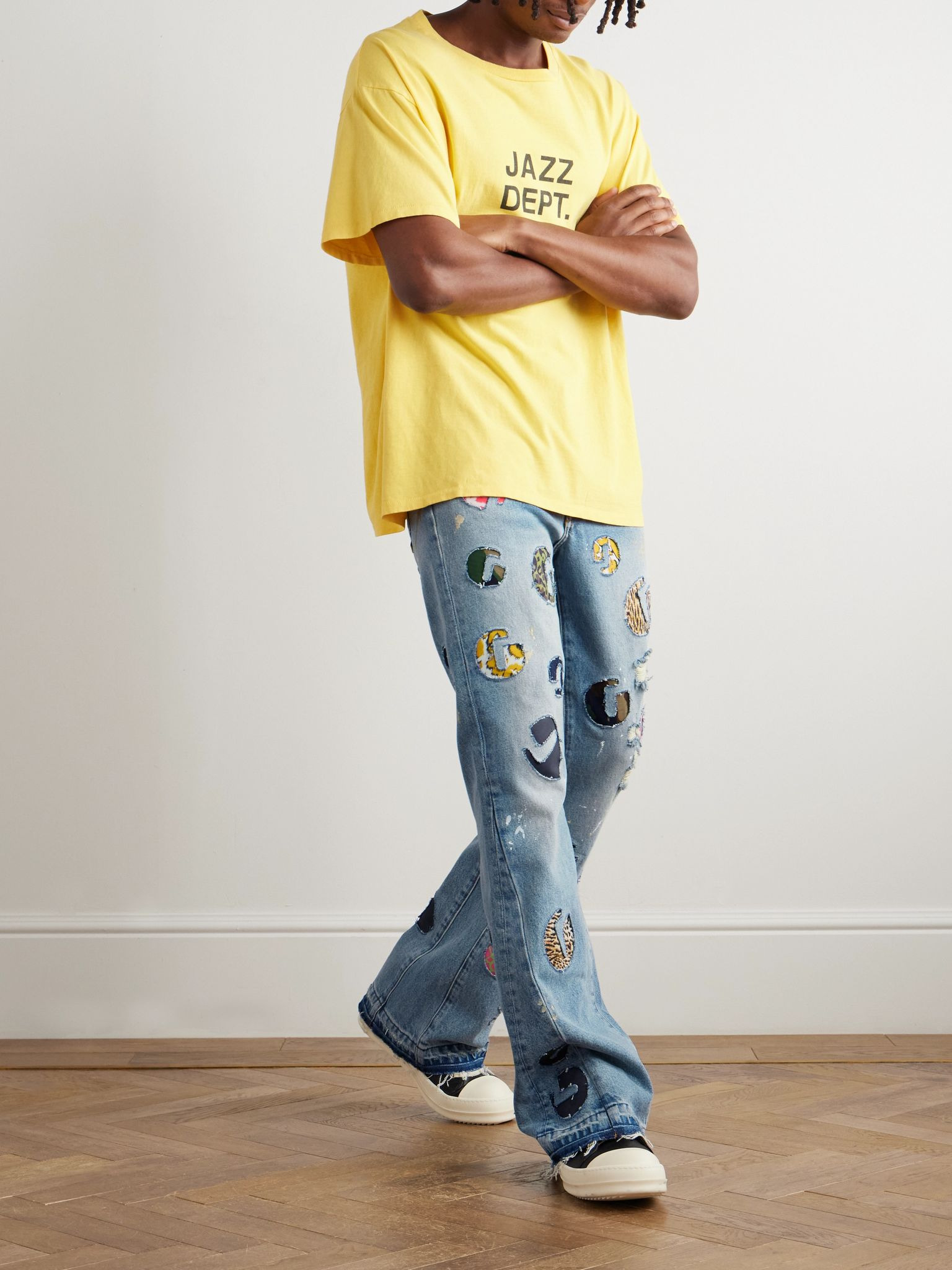 G-Time Flared Distressed Logo-Appliquéd Jeans Blue - 2