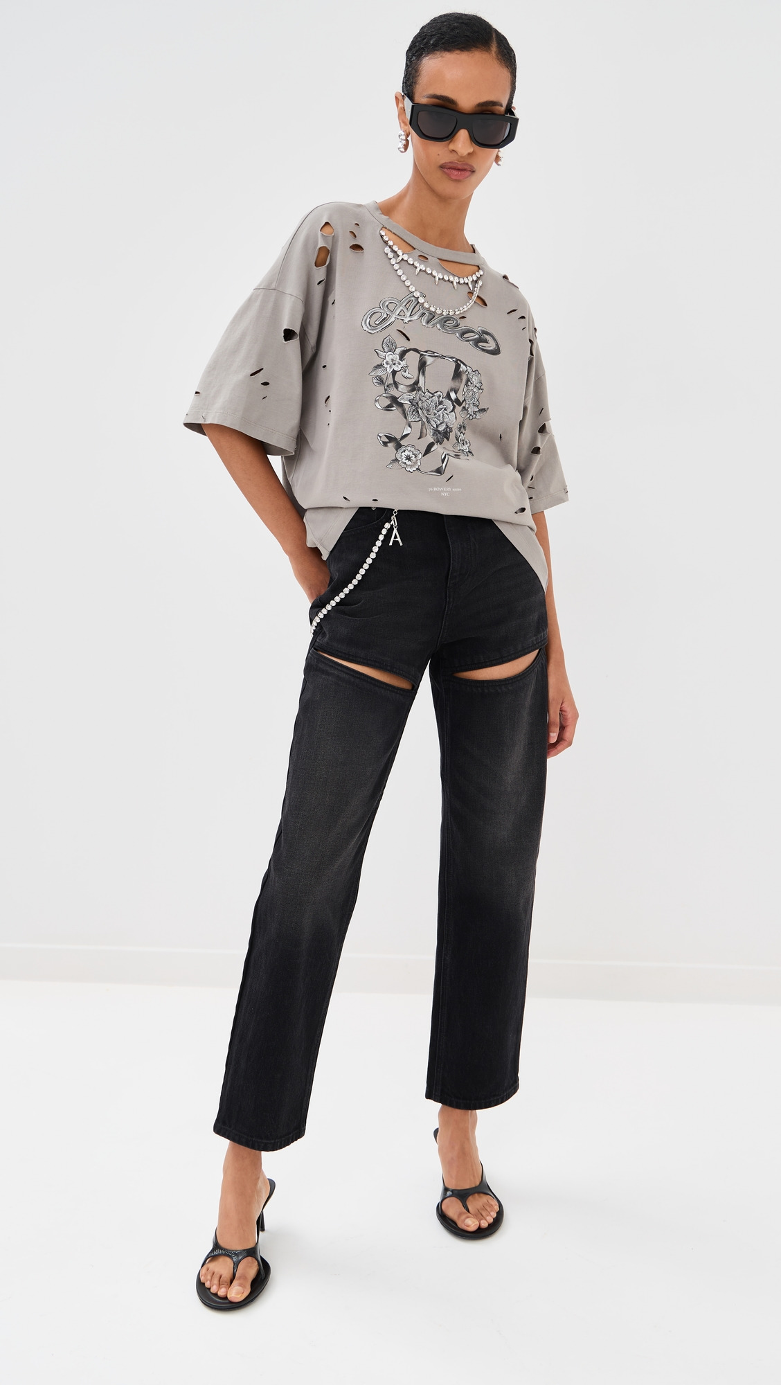 Distressed Crystal Embellished Graphic T-Shirt - 4