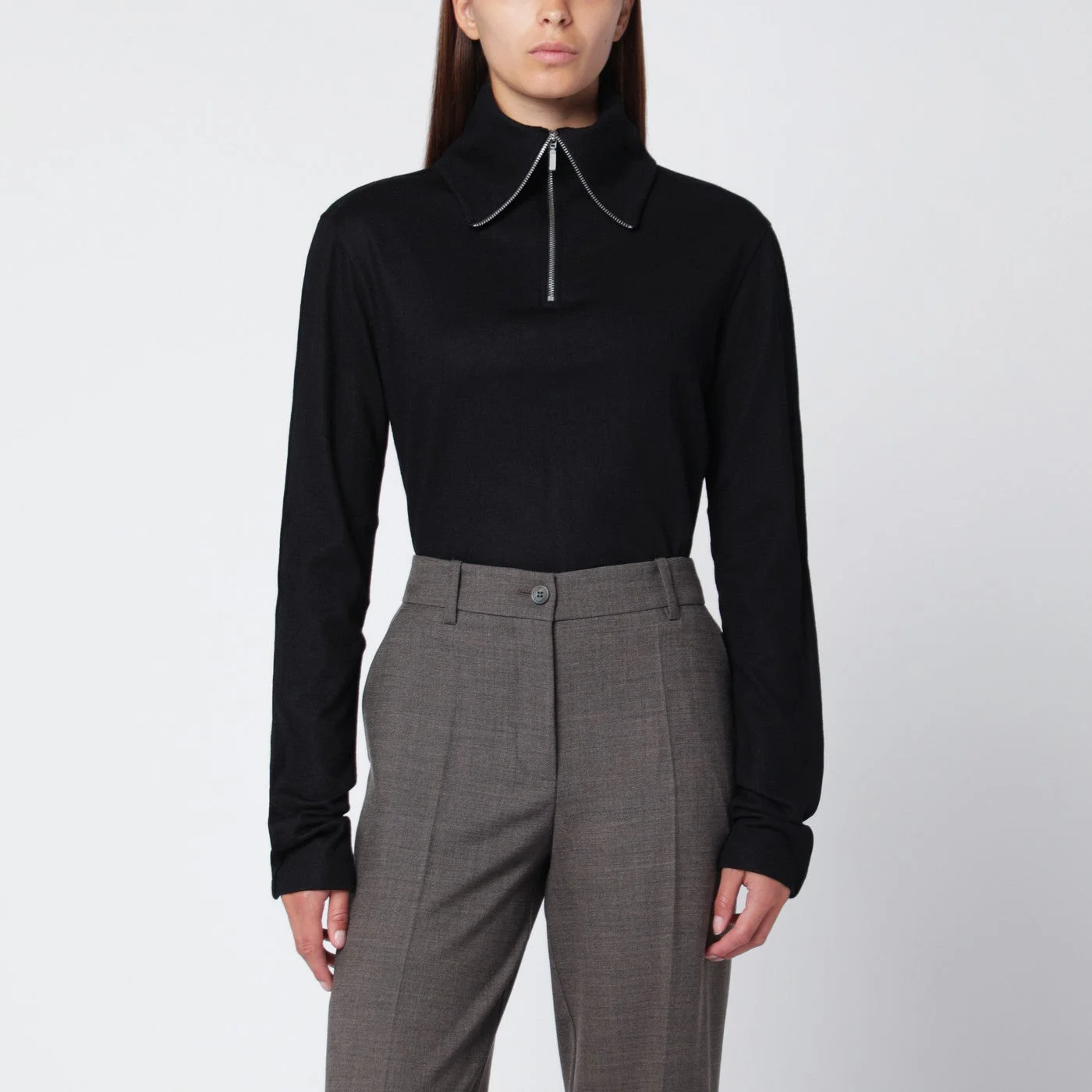 Black wool zip-collar top - 1