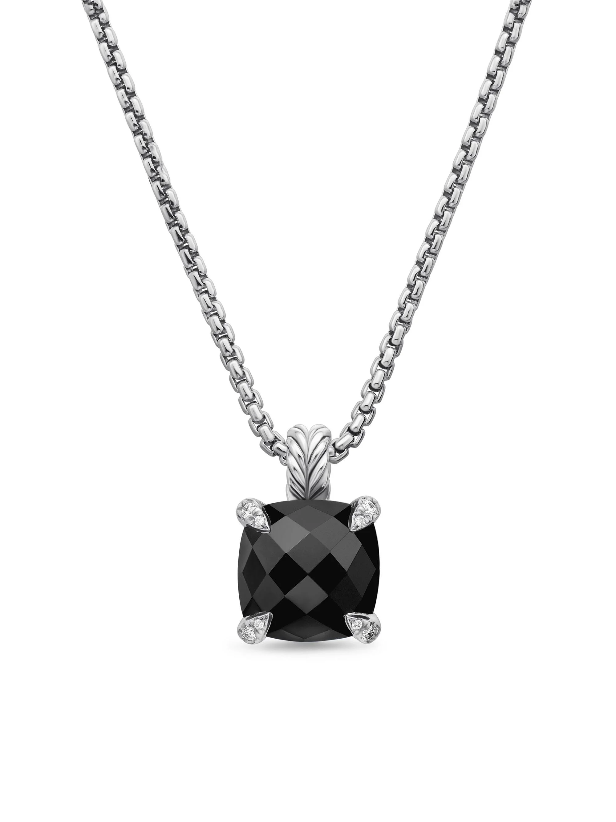 Women's Chatelaine Pendant Necklace in Sterling Silver with Black Onyx and Diamonds, 11MM - Black On - 1