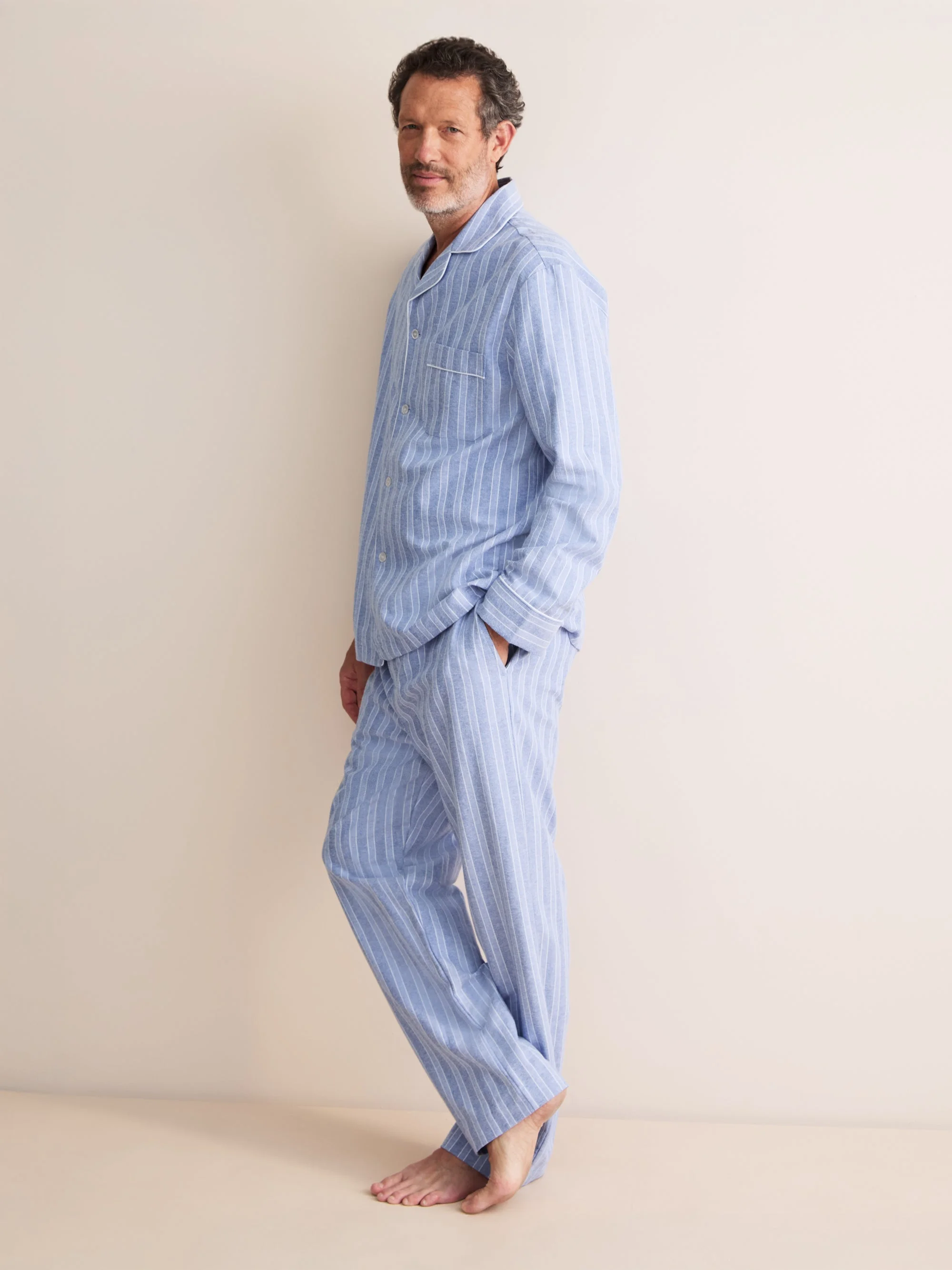 Arran Brushed Cotton Pajamas Blue Herringbone Stripe - 1