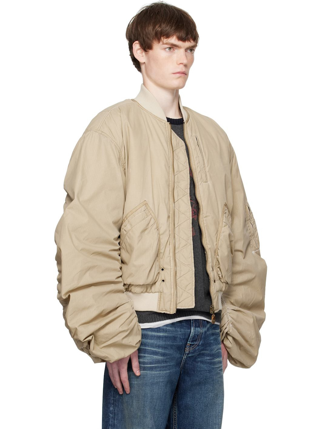Beige Washed Nylon Bomber Jacket - 2