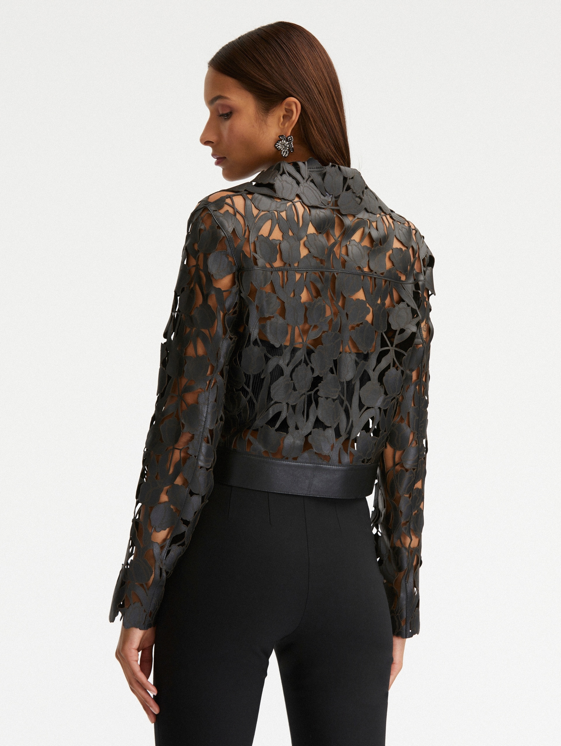 LASER CUT TULIP LEATHER MOTORCYCLE JACKET - 4