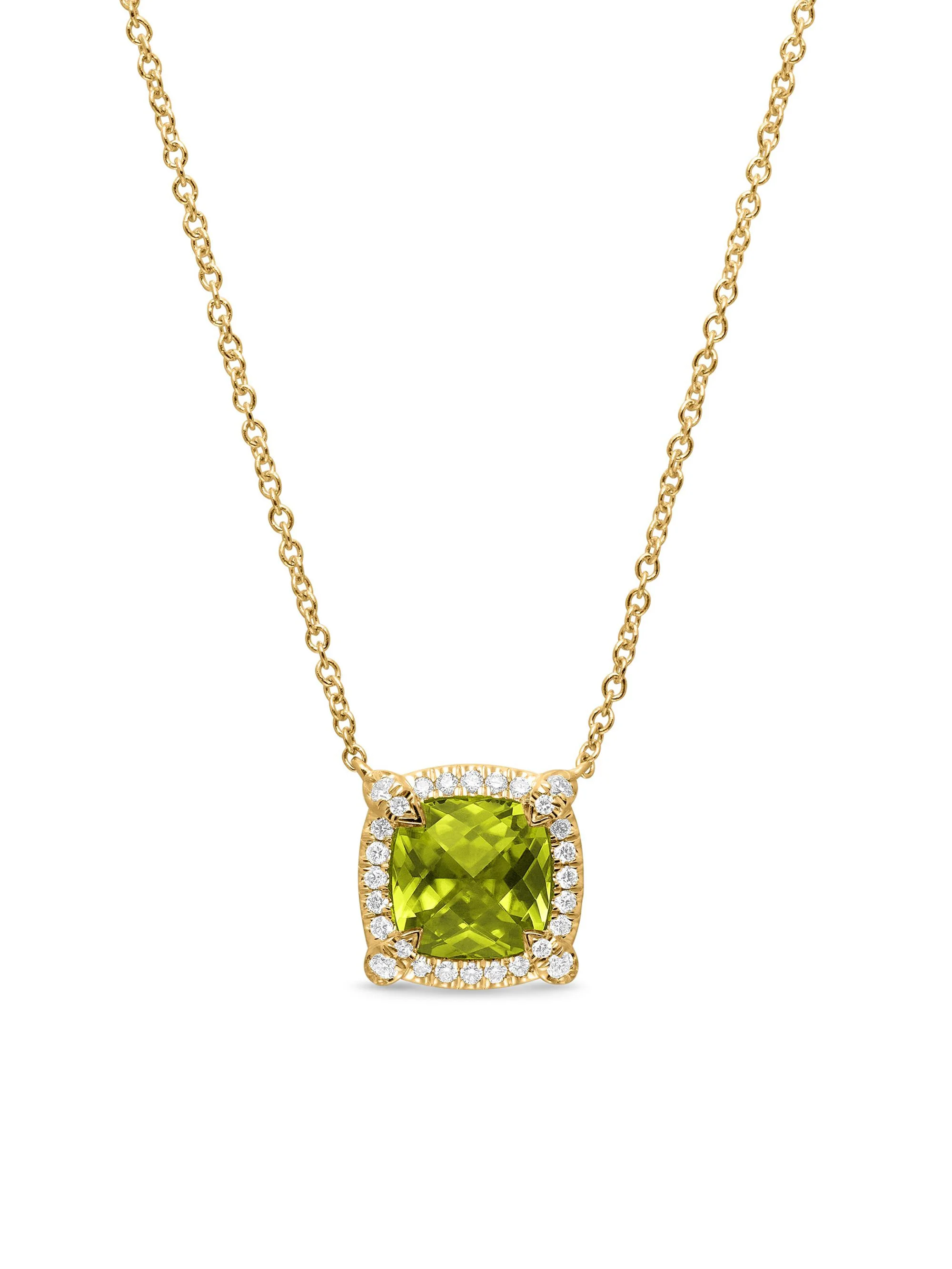 Women's Petite Chatelaine Pavé Bezel Pendant Necklace in 18K Yellow Gold with Diamonds - Peridot - 1