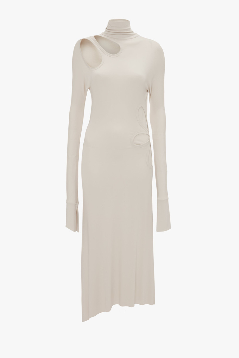 Long Sleeve Cut-Out Jersey Midi Dress In Bone - 1