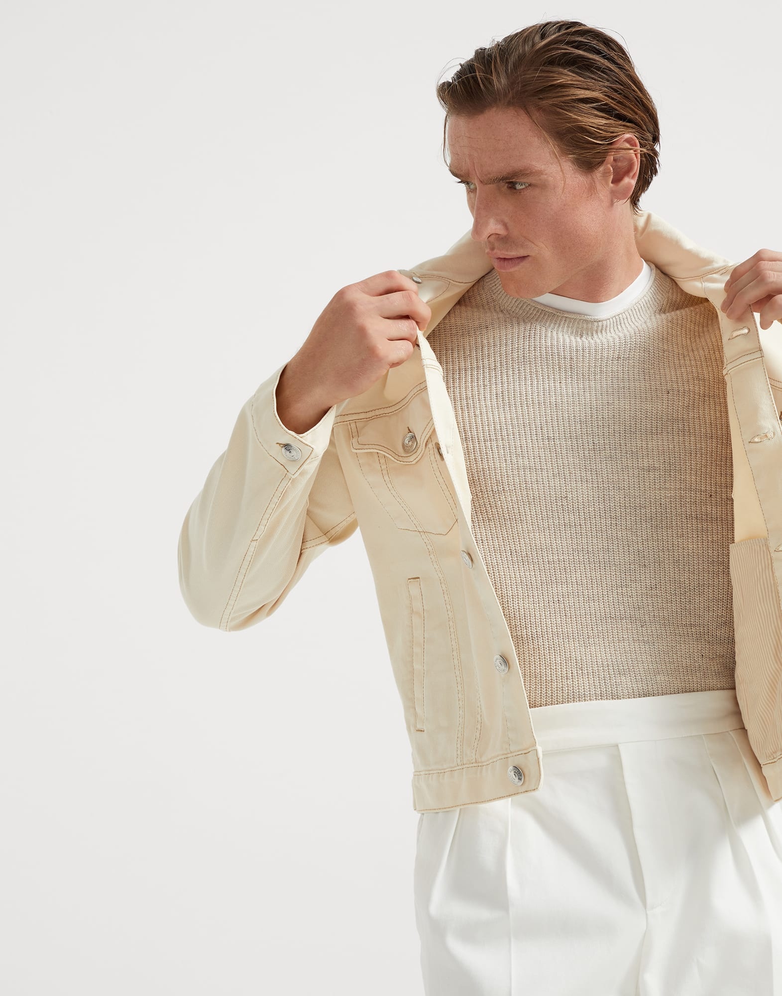 ジャケット BRUNELLO CUCINELLI Four-pocket jacket in garment-dyed cotton Denim jacket for Man in Cream | Brunello Cucinelli