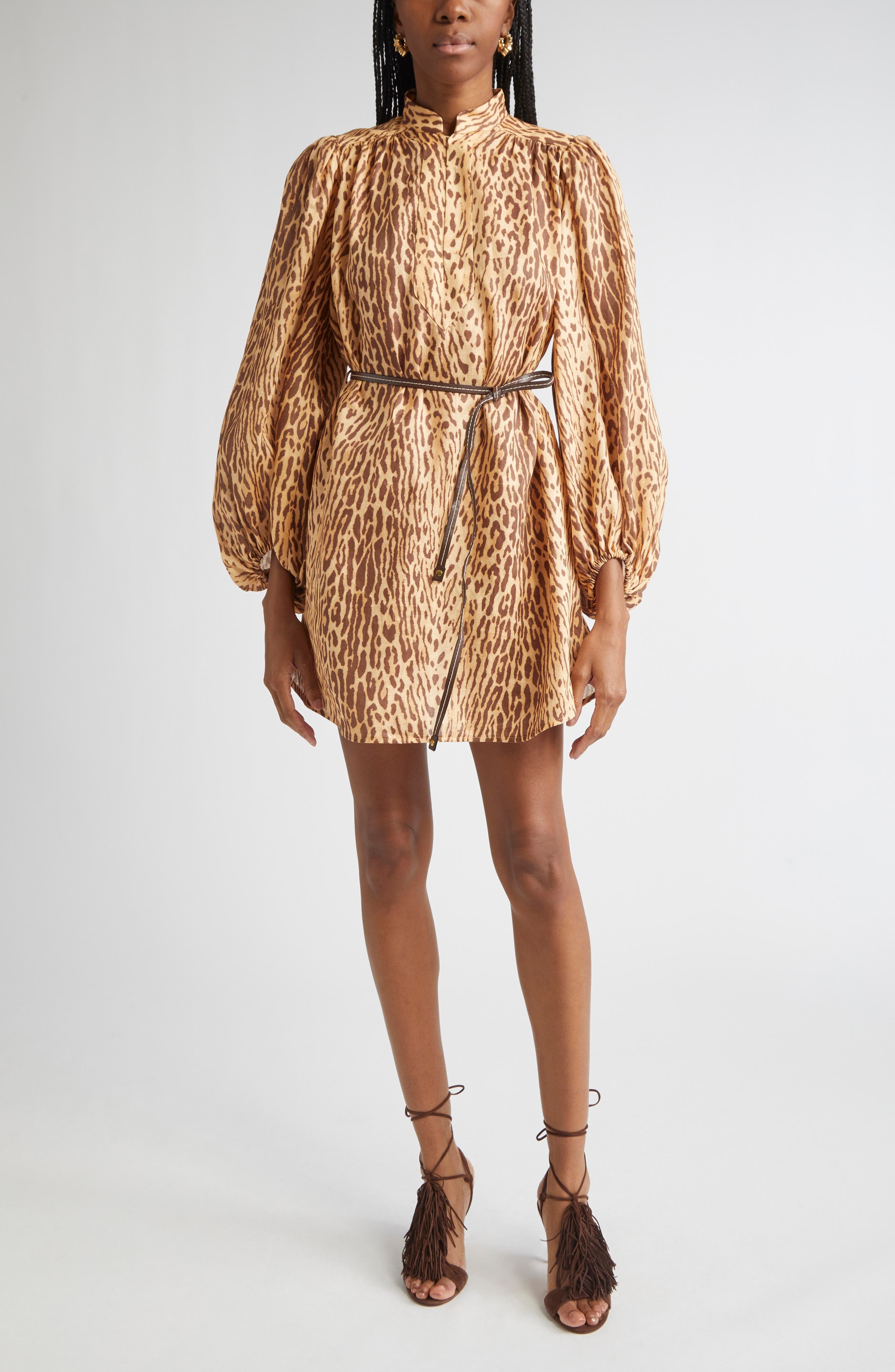 Zimmermann Cascadian Leopard Print Long Sleeve Tunic Dress in Tan Leopard at Nordstrom - 1