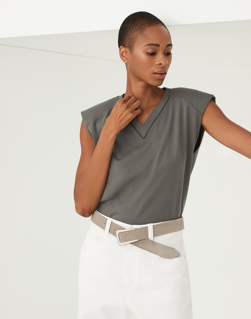 Cotton jersey T-shirt with padded shoulder and shiny neckline 4