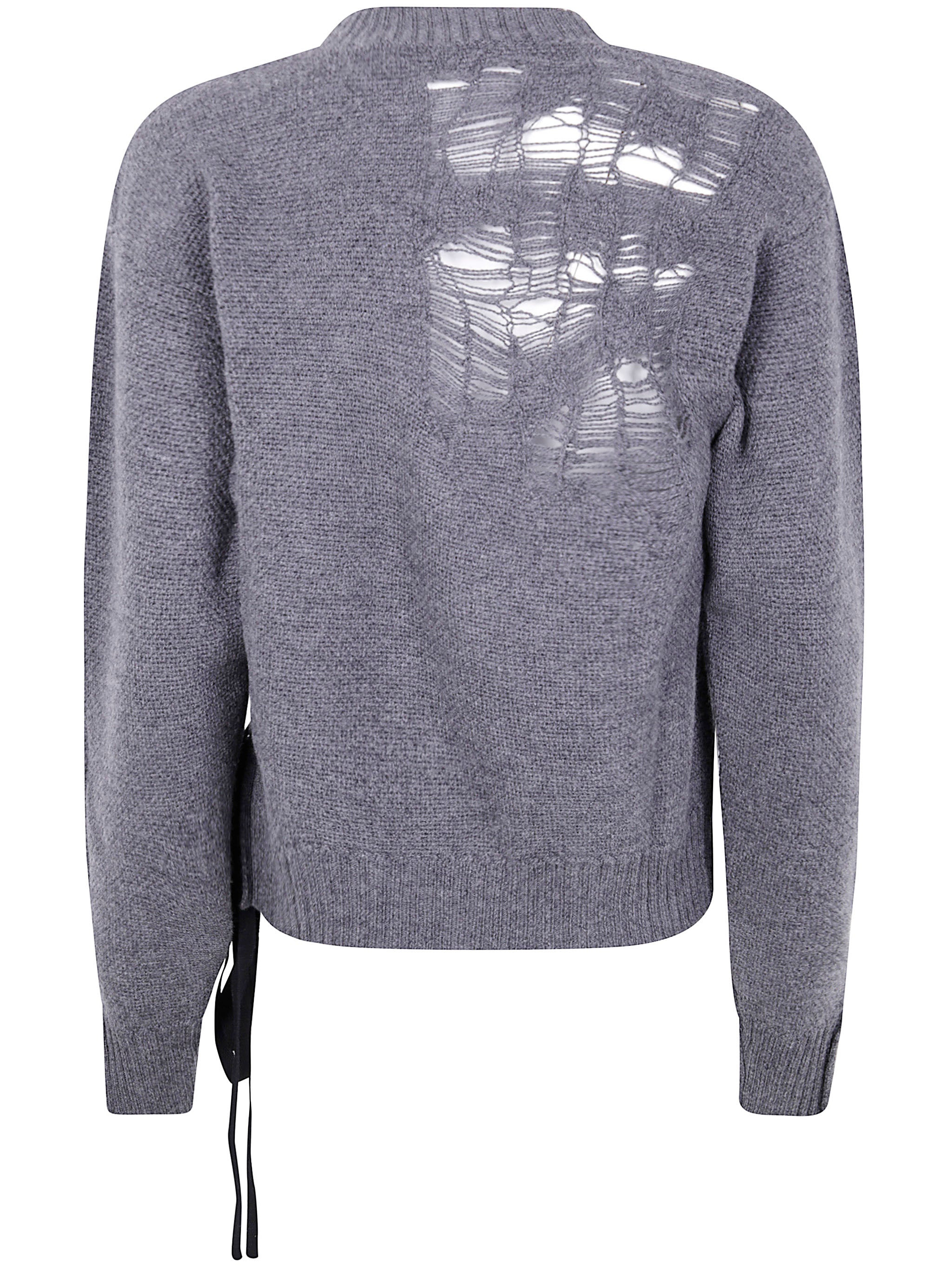 Ann Demeulemeester Women "Gabriela" Destroyed Seed Stitch Crew Neck Sweater With Drawstrings - 2