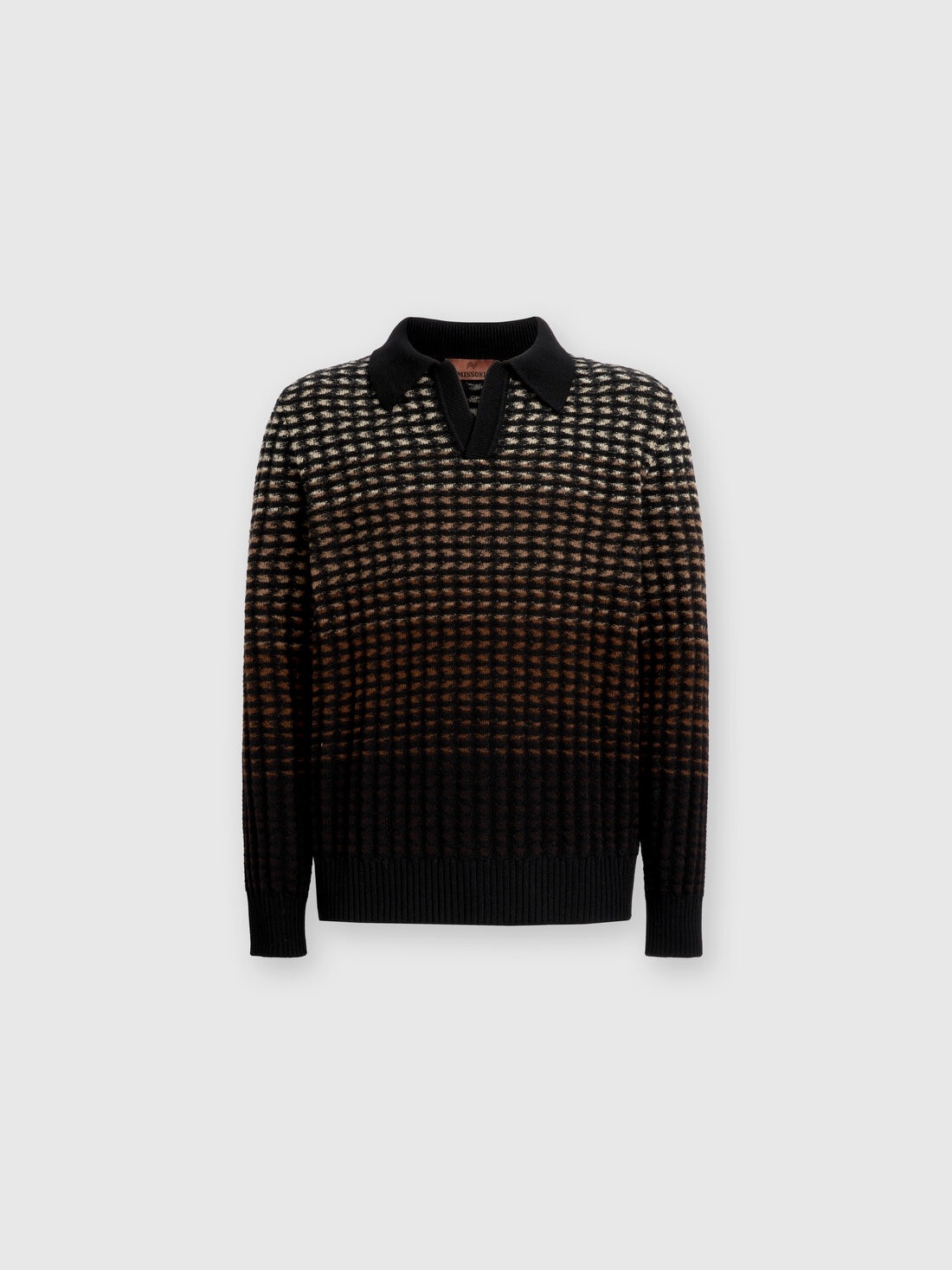 Long-sleeved polo shirt in textured virgin wool knit - 1
