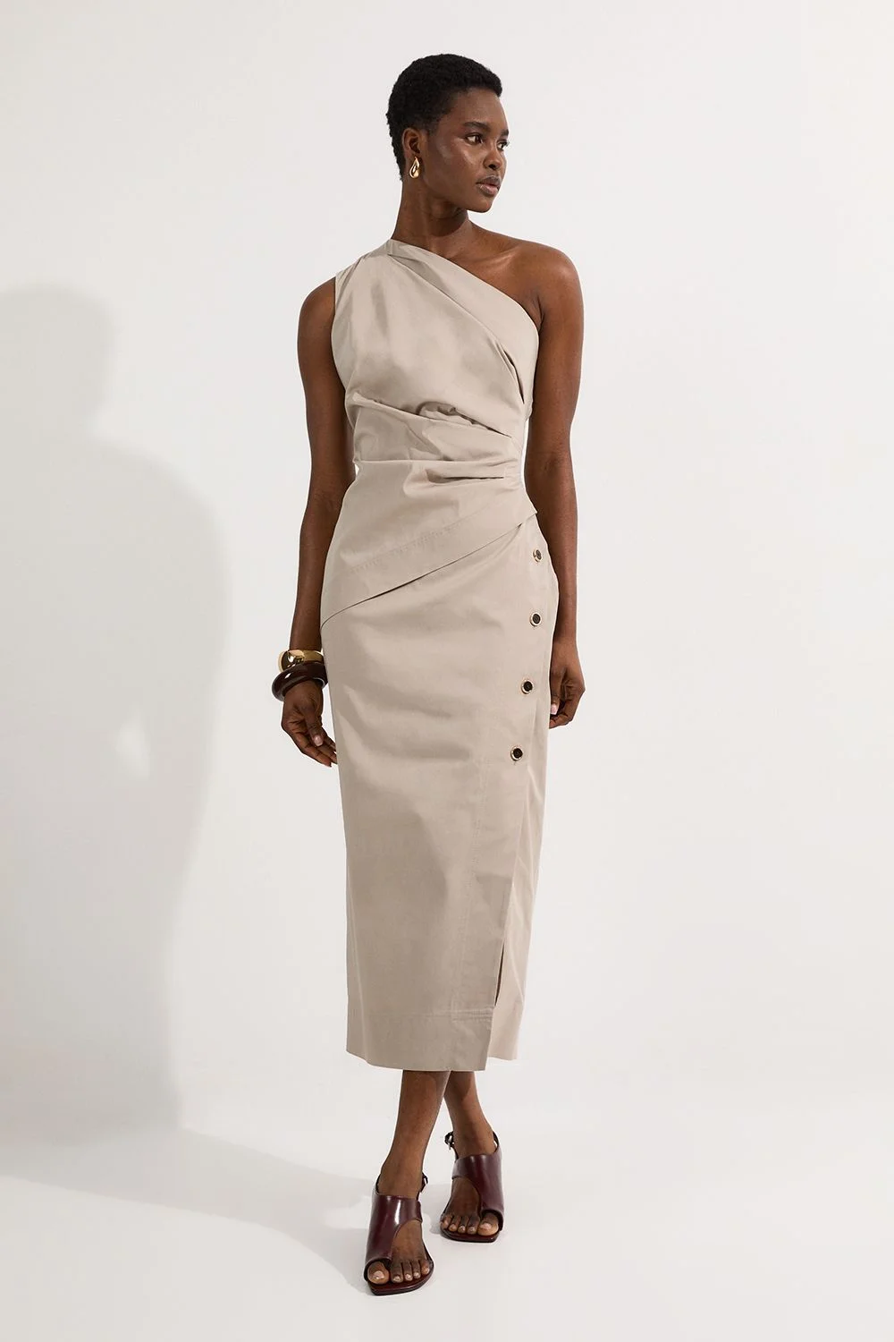 Tailored Polished Cotton Asymmetric Drape Pencil Dress - 1
