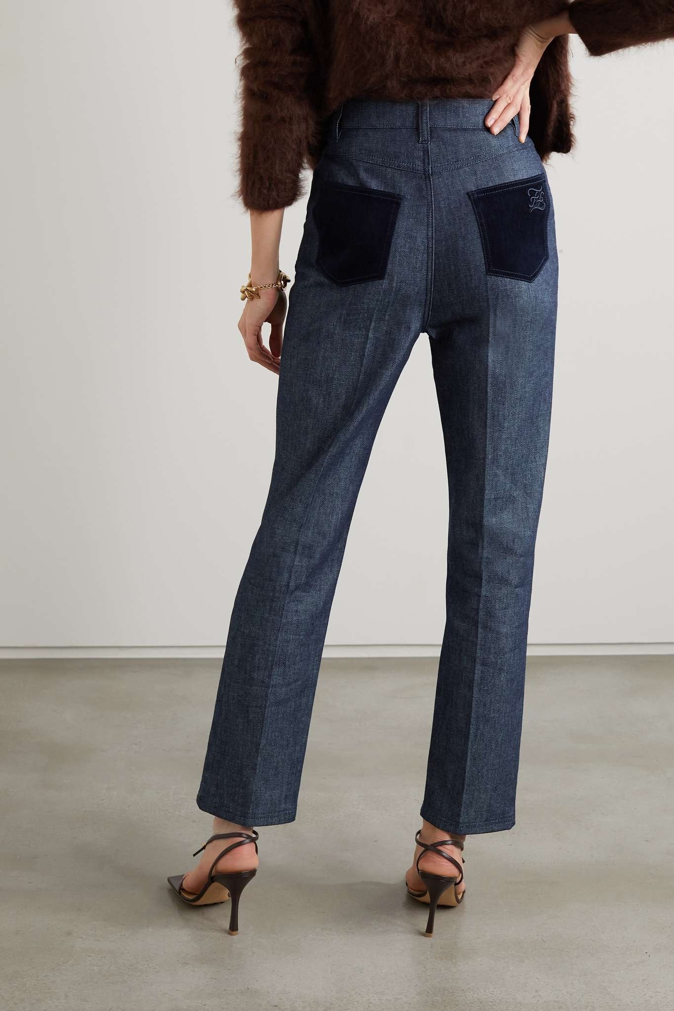 Velvet-trimmed high-rise straight-leg jeans - 4