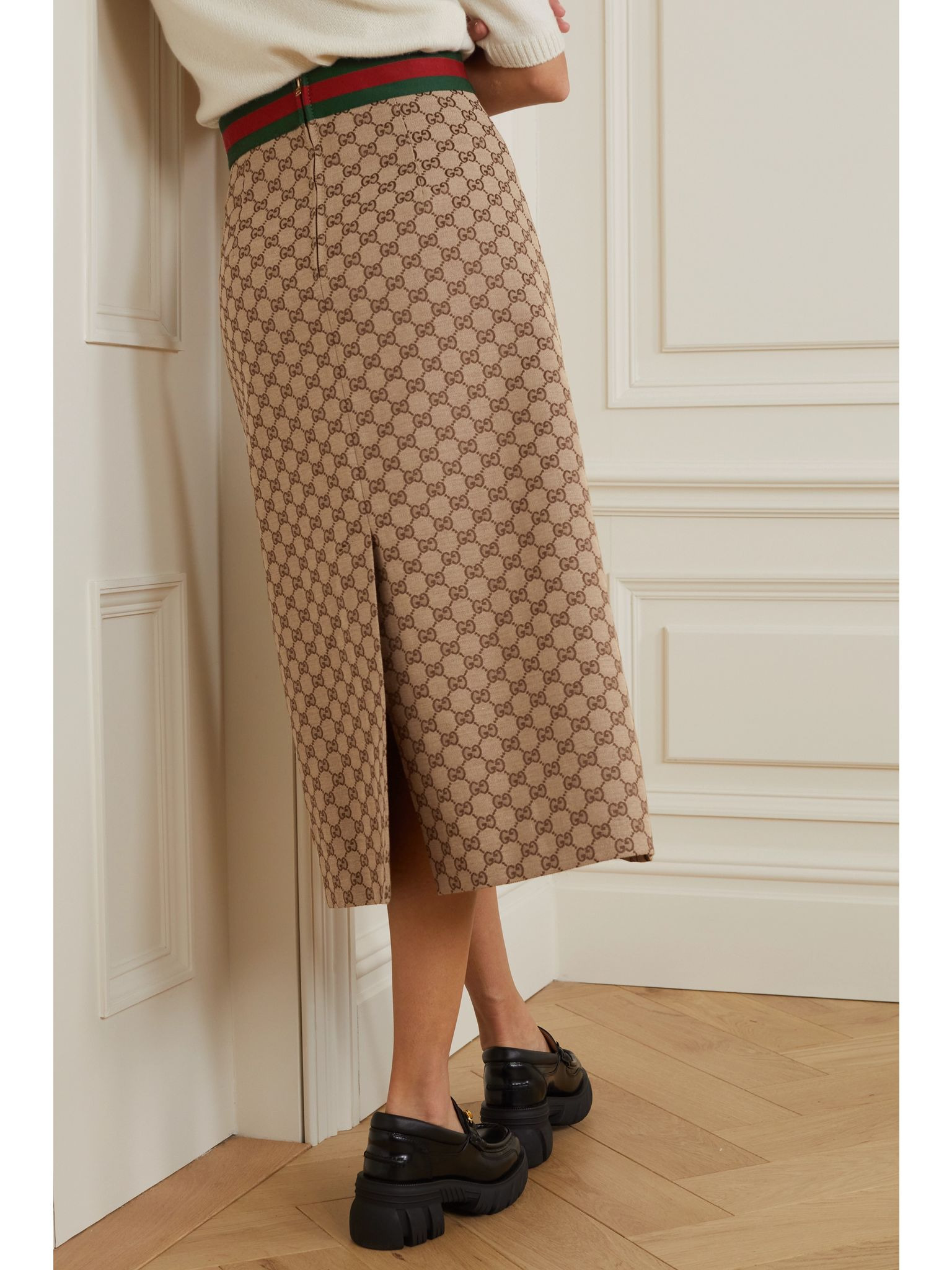 Belted leather-trimmed cotton-blend canvas-jacquard midi skirt Camel - 3