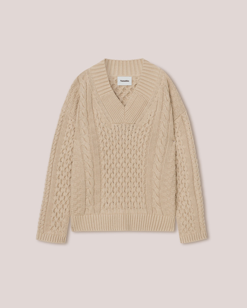 SYED - Cotton-cable oversized v-neck sweater - Pebble 1