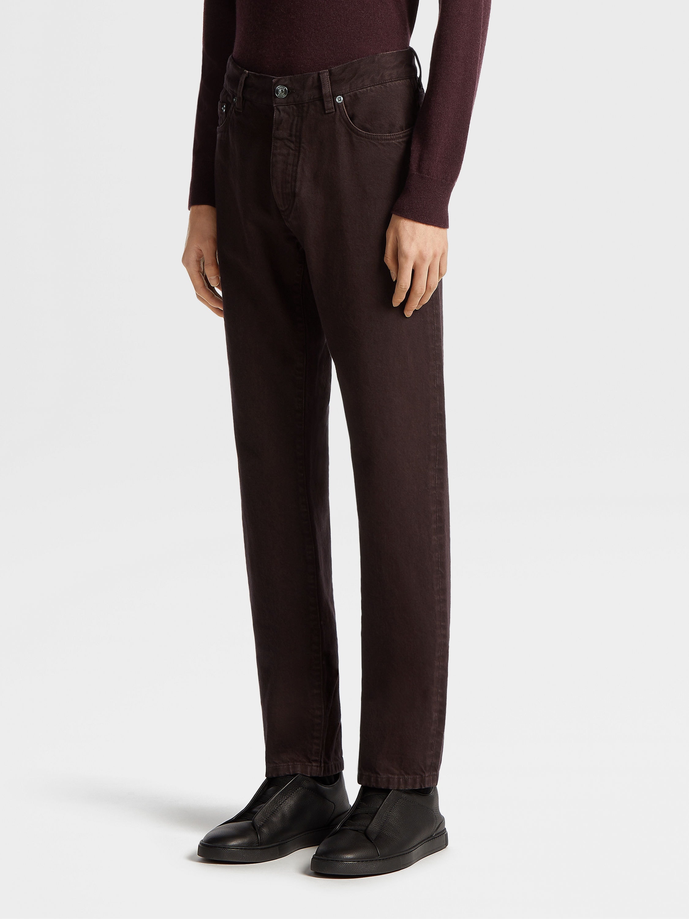 DARK BURGUNDY MARBLED COTTON ROCCIA JEANS - 2