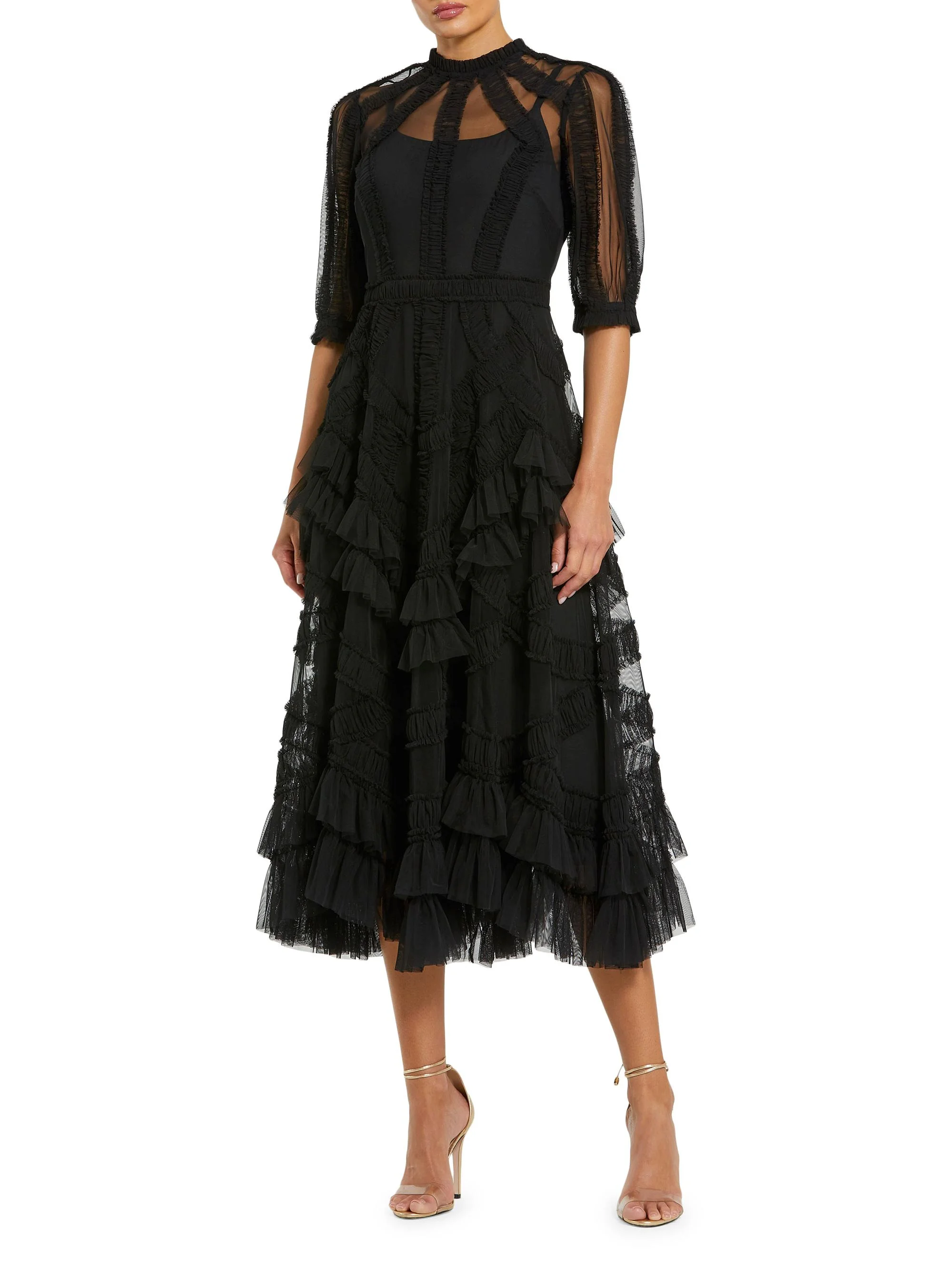 Women's High-Neck Gathered Tulle Midi-Dress - Black - 1