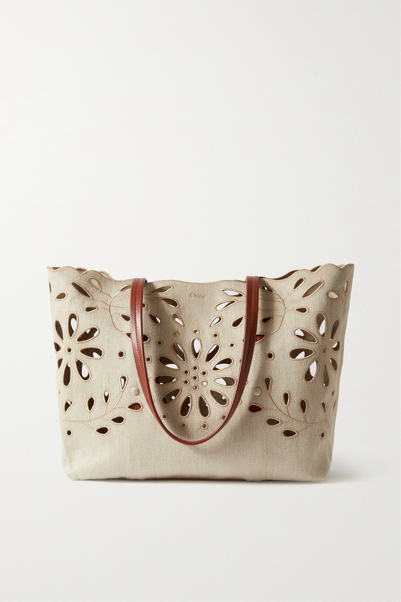 Kamilla large leather-trimmed broderie anglaise linen tote - 1