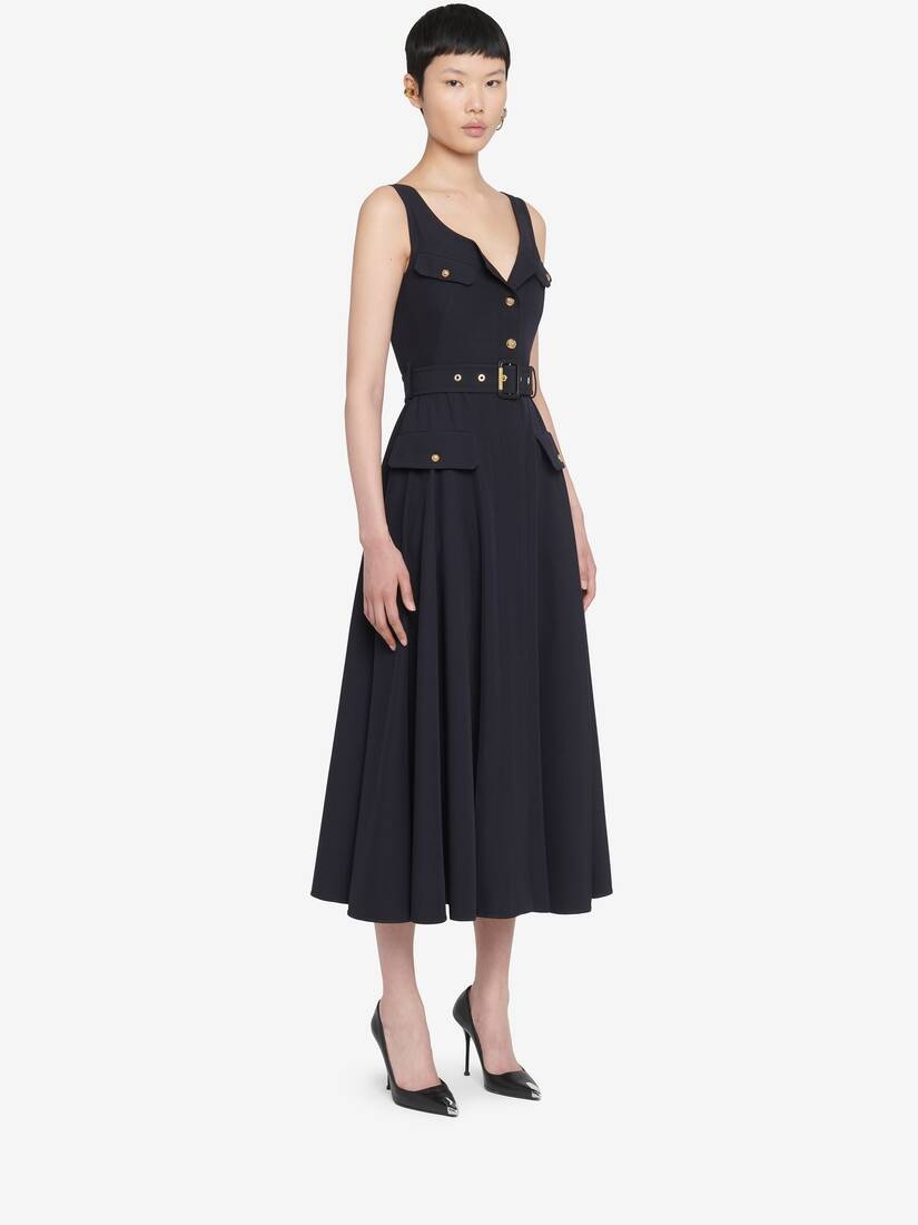Women's Military Flared Dress in Navy - 3