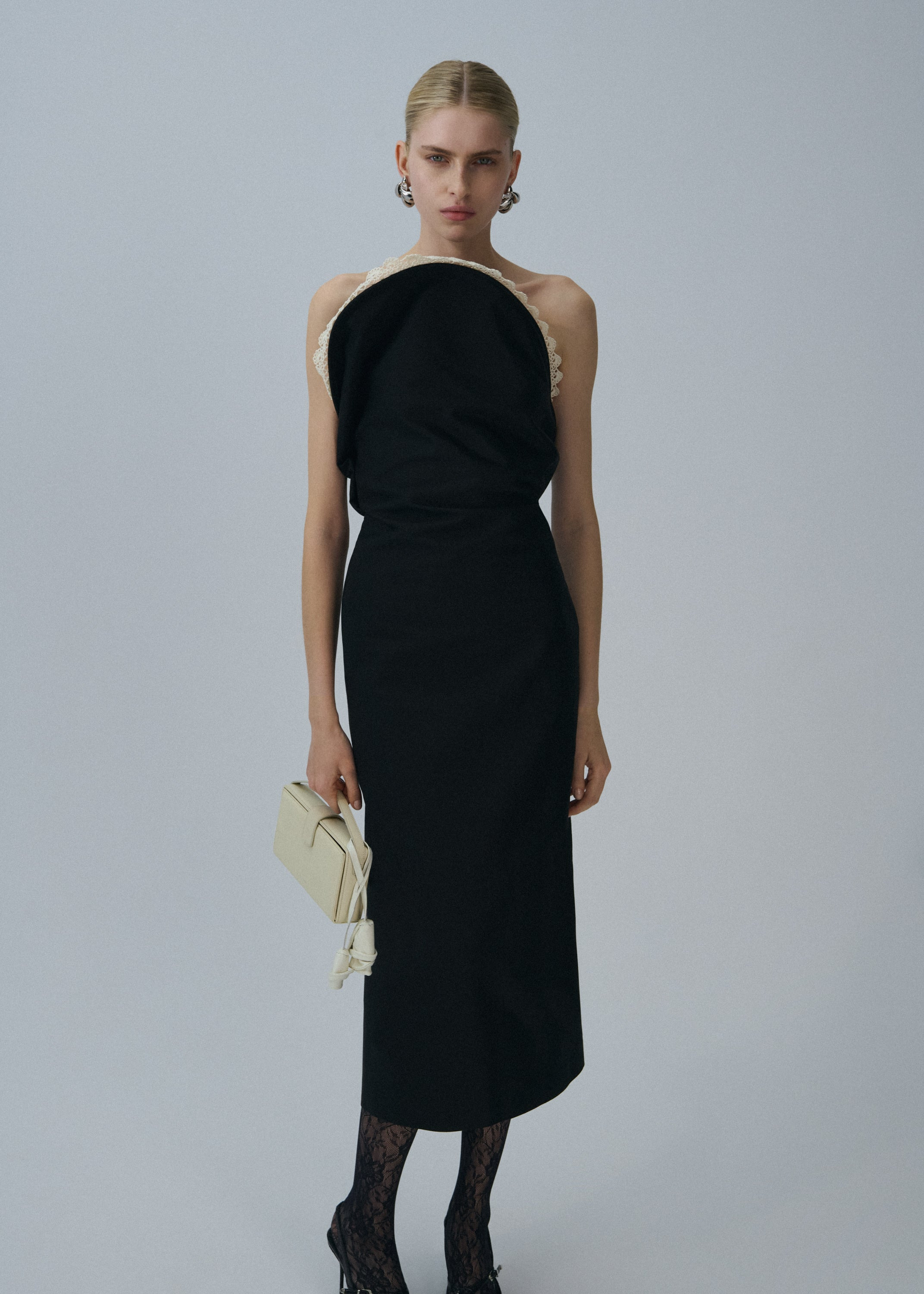 Lace trim sculptural midi dress in black - 3