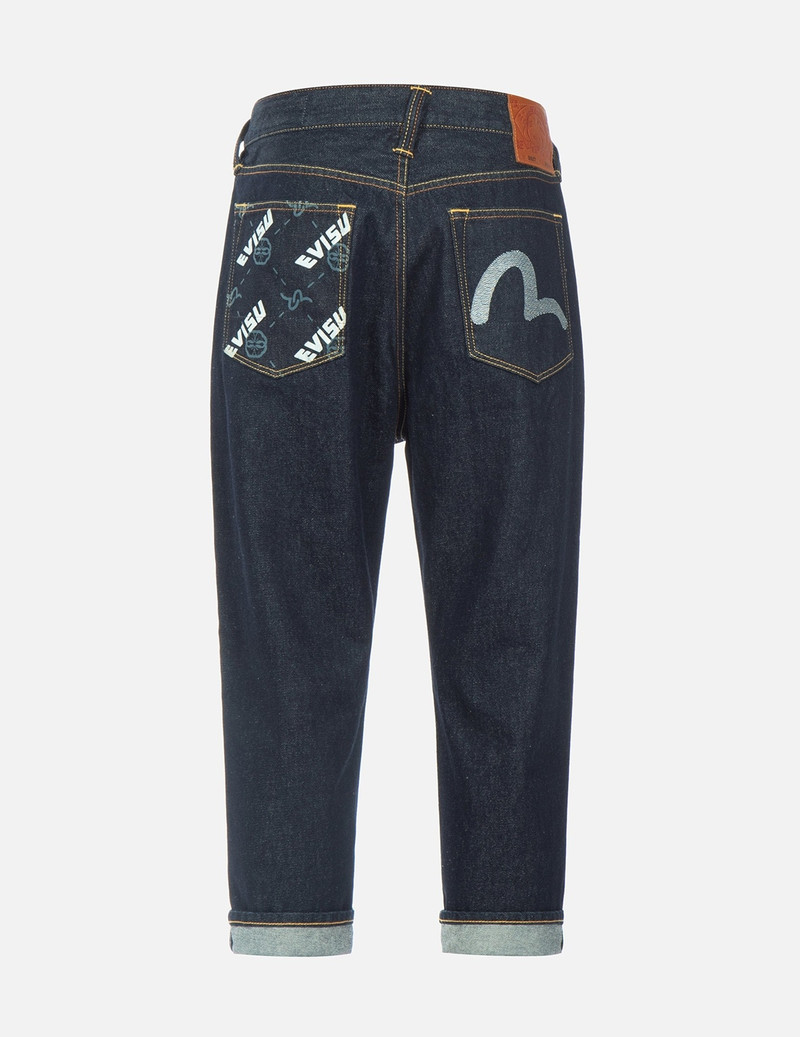 EVISU DOUBLE MONOGRAM PRINTED POCKET CROPPED FIT JEANS #2027 outlook