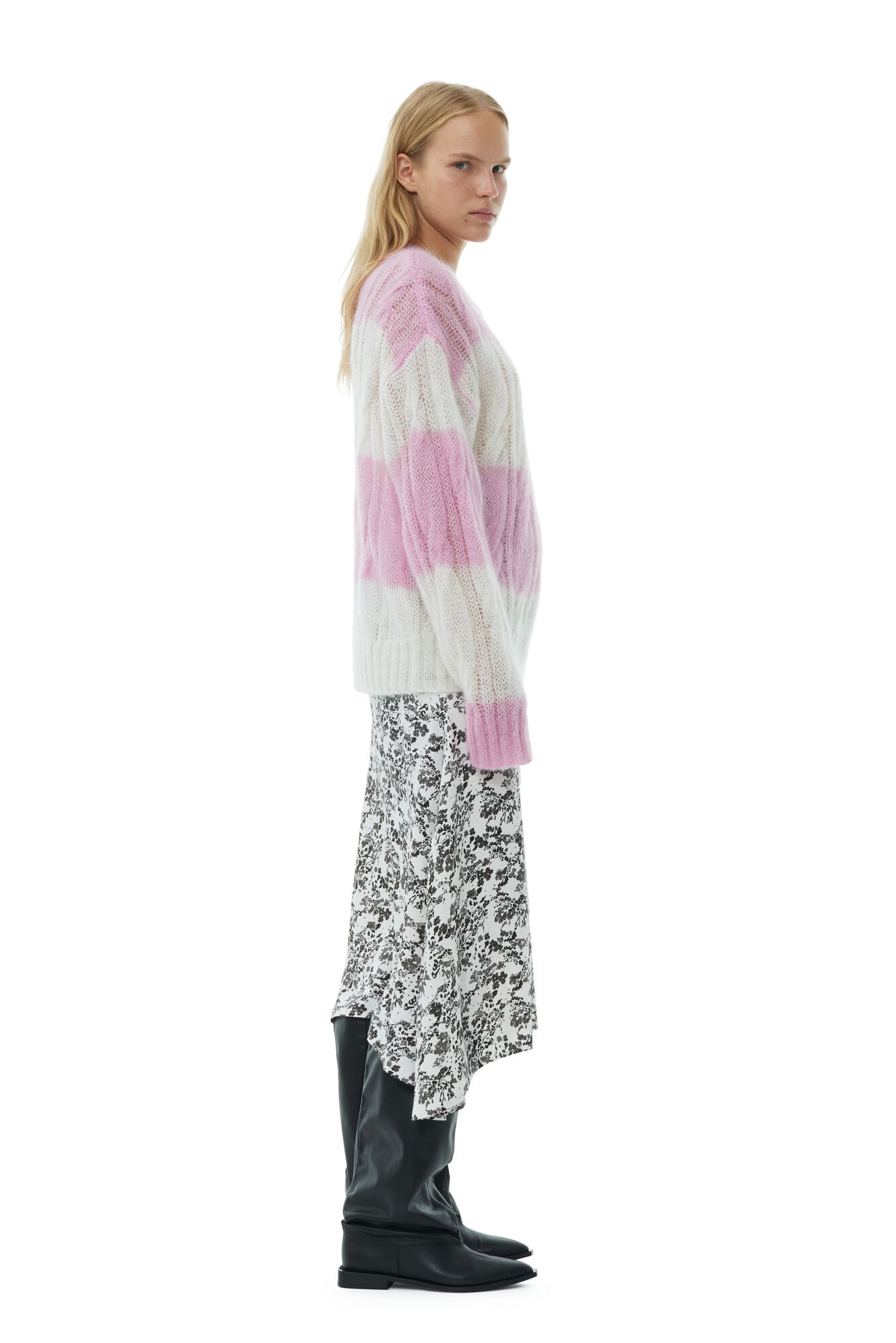 STRIPED MOHAIR CABLE O-NECK SWEATER - 4