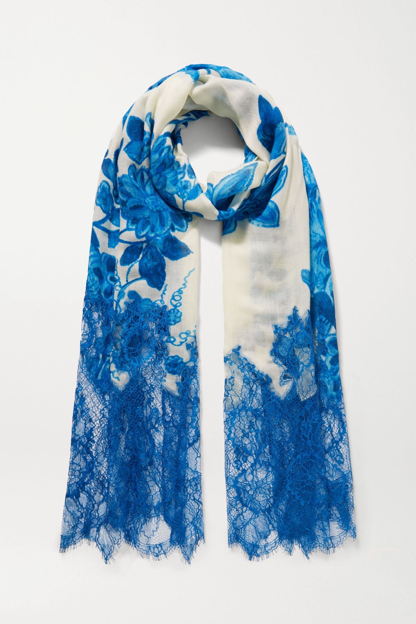 Valentino Garavani lace-paneled floral-print cashmere and wool-blend scarf - 1