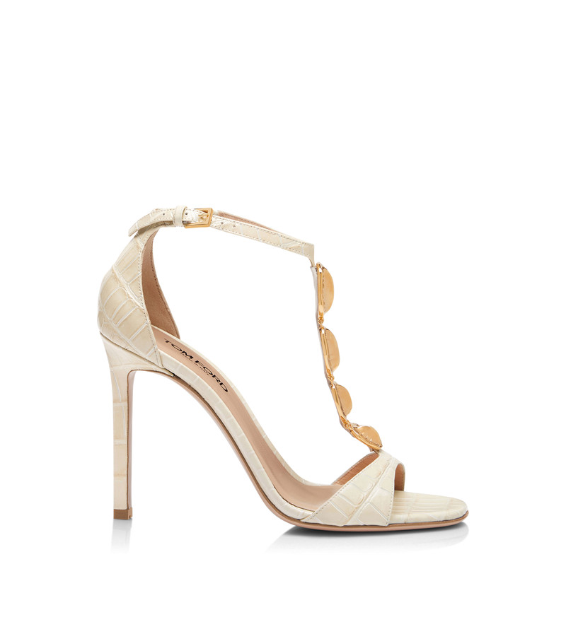 GLOSSY STAMPED CROCODILE LEATHER TITAN T STRAP SANDAL 1