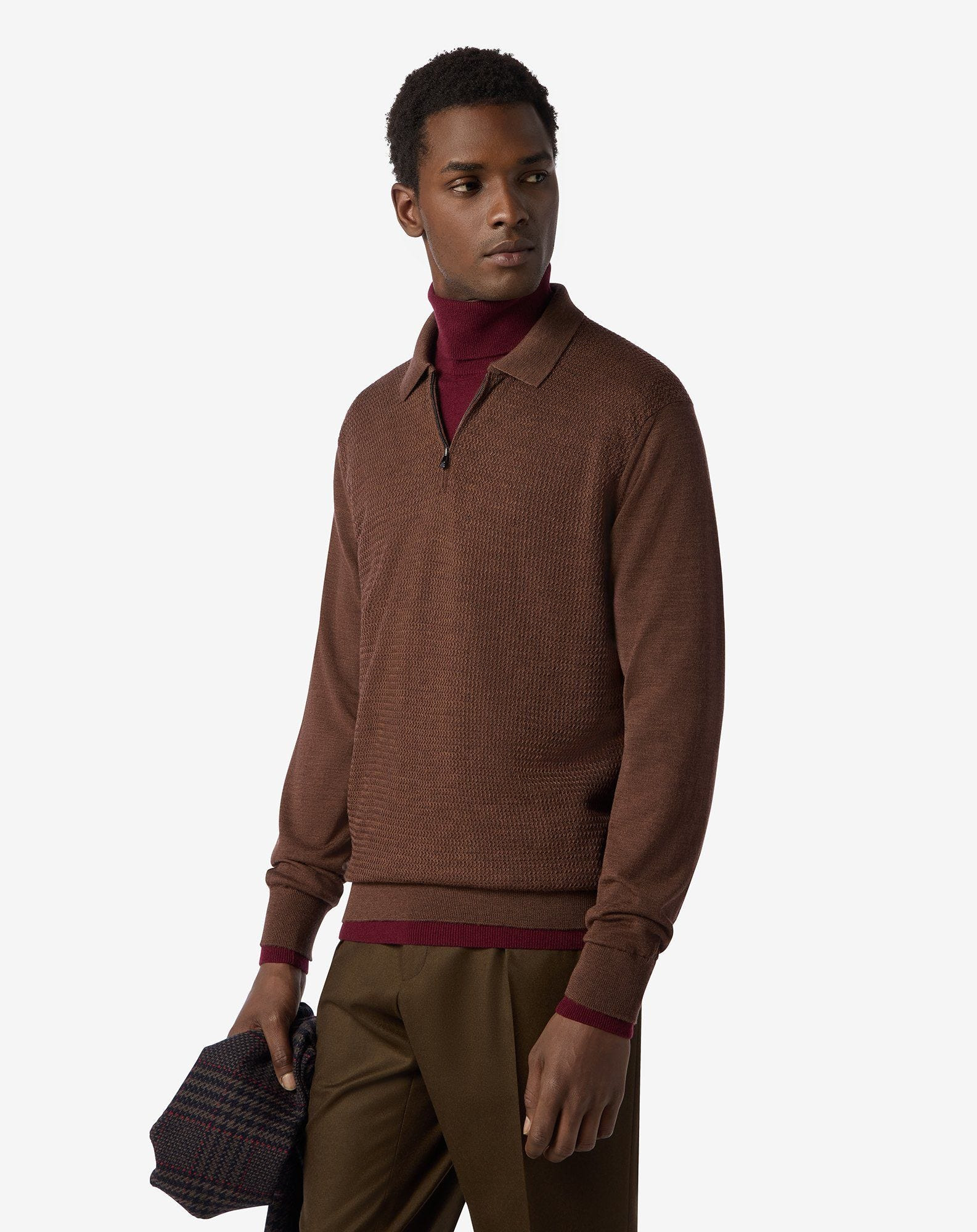 Tobacco brown zip-up extra fine wool polo shirt - 2